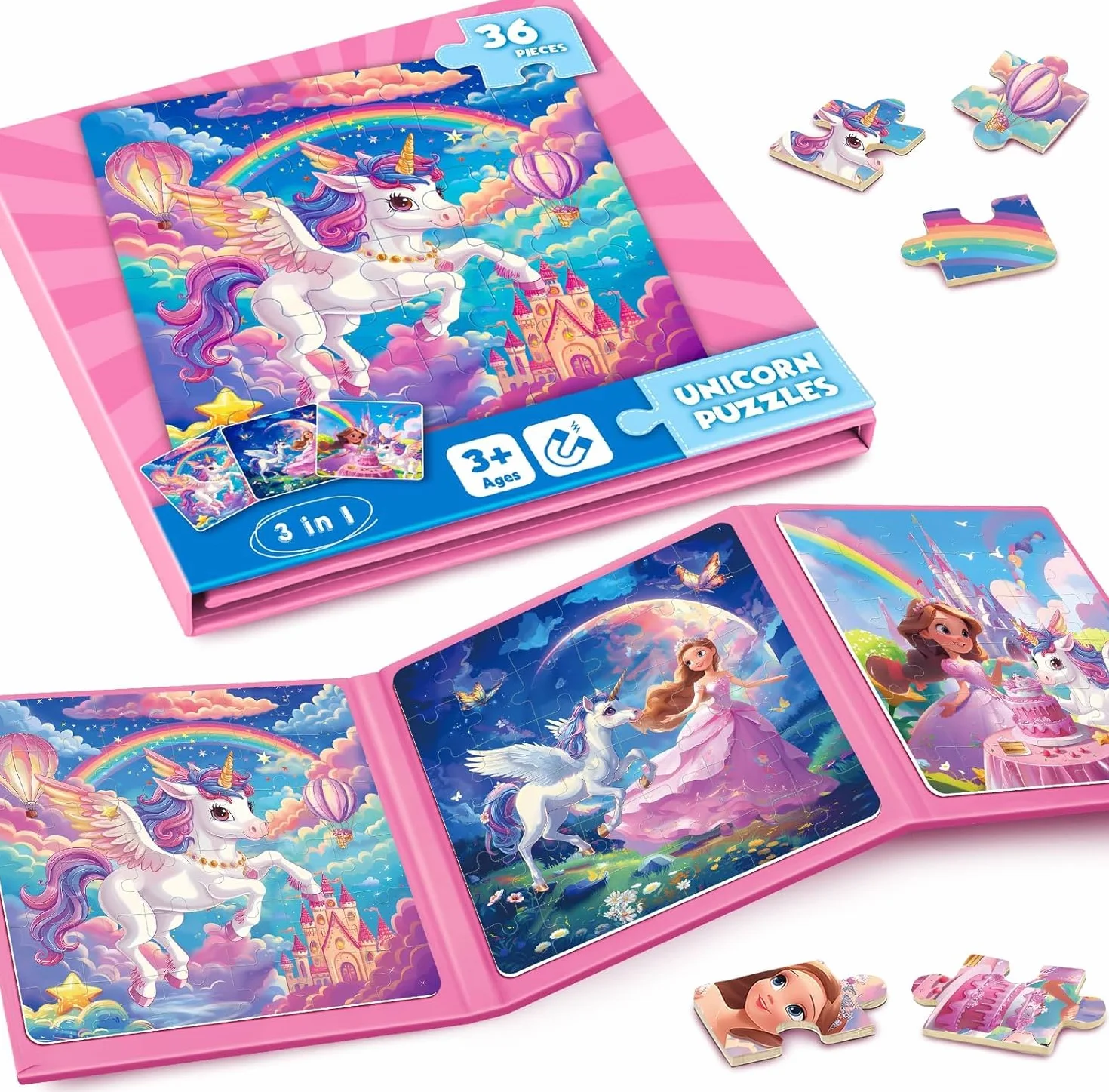 Puzzle MagnéTicos De Unicornio para NiñOs, Rompecabezas para Viajar De 36 Piezas para NiñOs De 3 A 8 AñOs,Puzzle para NiñAs para Mejorar La Inteligencia,Actividades con En AvióN,CumpleañOs