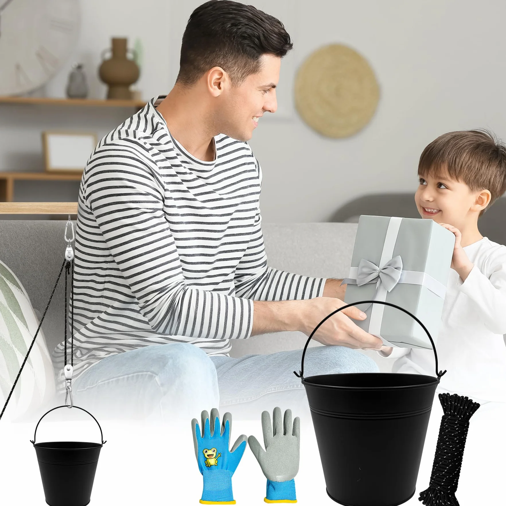 TZEKING Polea para Niños,Polea con 2 Cubo de Metal,Accesorios de casa de árbol para niños,polea con Cable de Cubo,Sistema de Polea para Niños,polea para niños,para Niños y Niñas a Partir de 3 Años