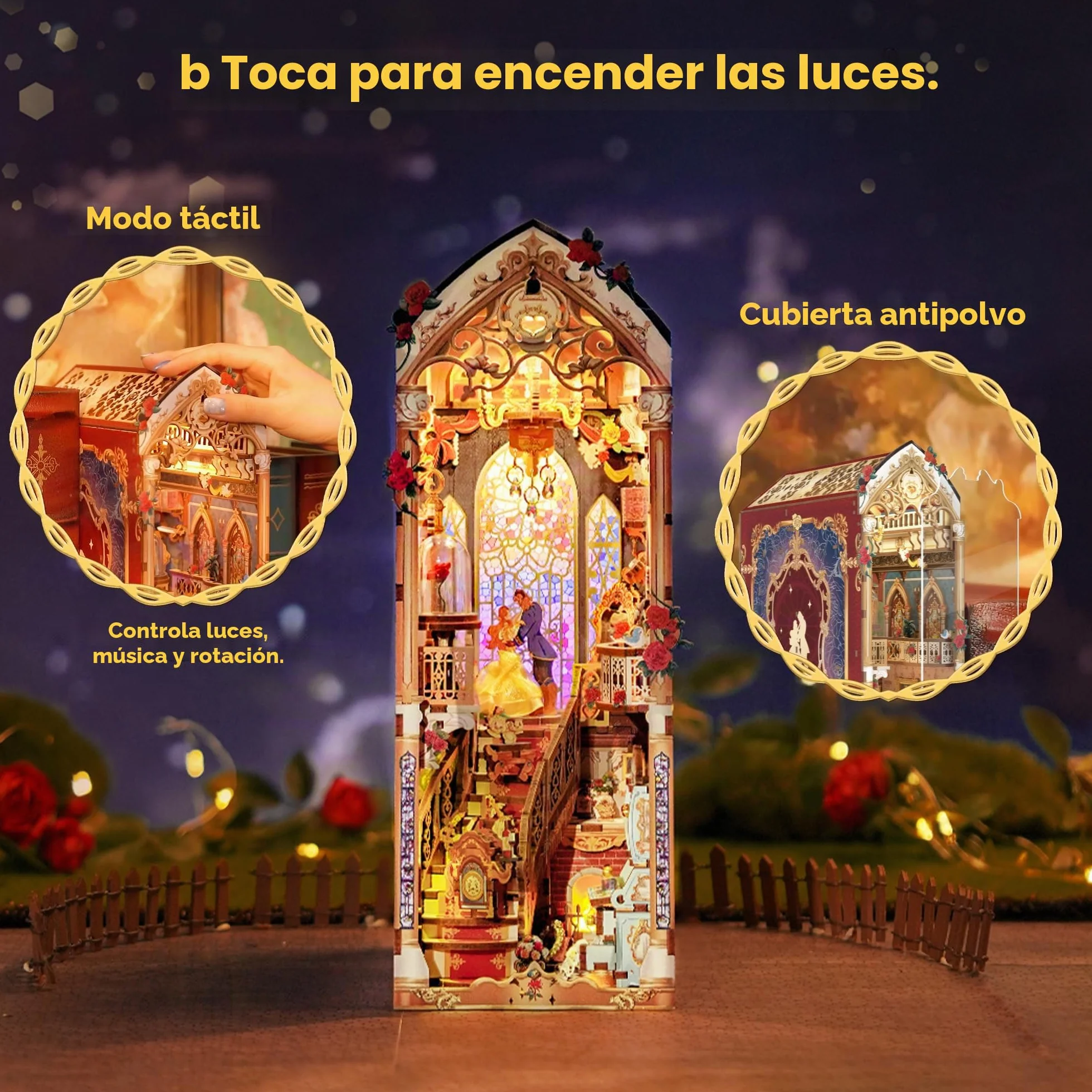Tonecheer Kit de rincón de Libros para Adultos, Rompecabezas de Madera 3D para sujetalibros, Casa en Miniatura con Luces LED (Bestia y Belleza)