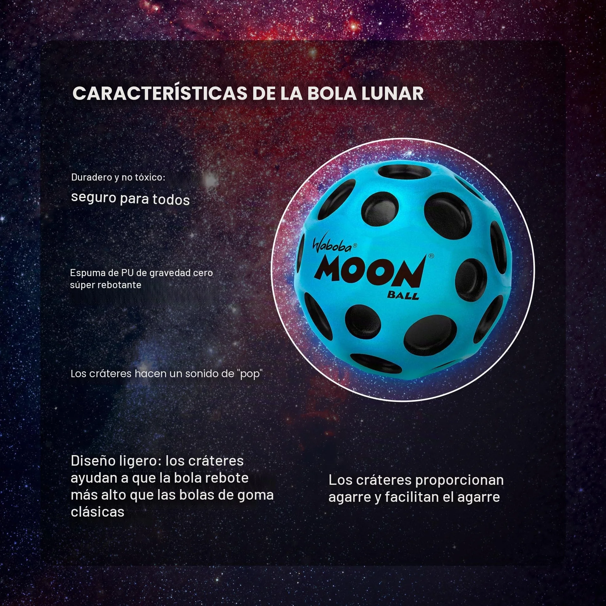 Waboba Moon Ball – Pelota de Goma de Salto más Alta – Diseño Original Patentado – cráter de Pelota Produce un Sonido de Rebote al impactar – Fácil de agarrar – Flummies para niños