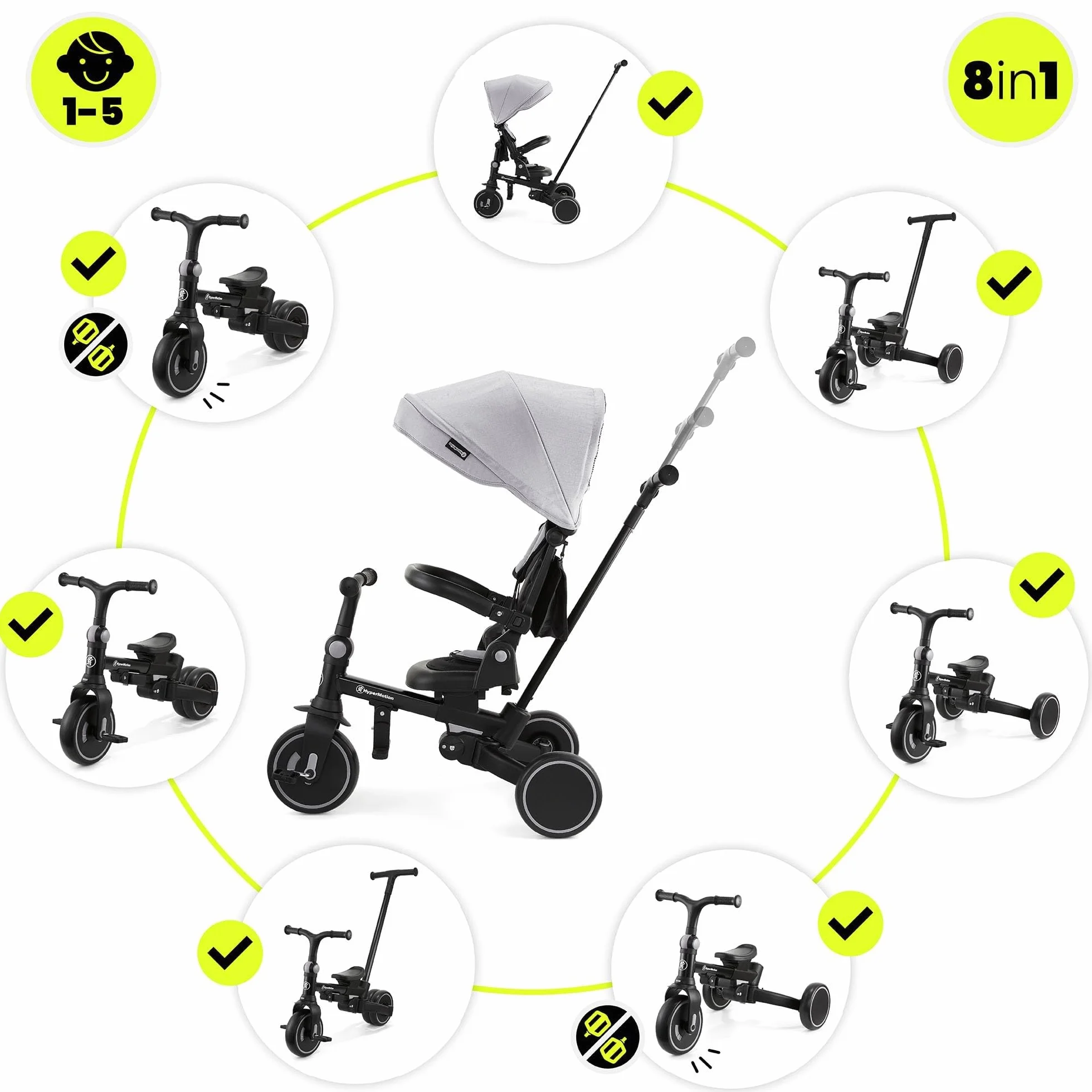 HyperMotion Triciclo Evolutivo 8 en 1 con Asiento Giratorio 360° – Triciclo Bebe Reclinable y Plegable con Capota, Arnés y Barra de Empuje – Trike Infantil para Niños de 1 a 5 Años