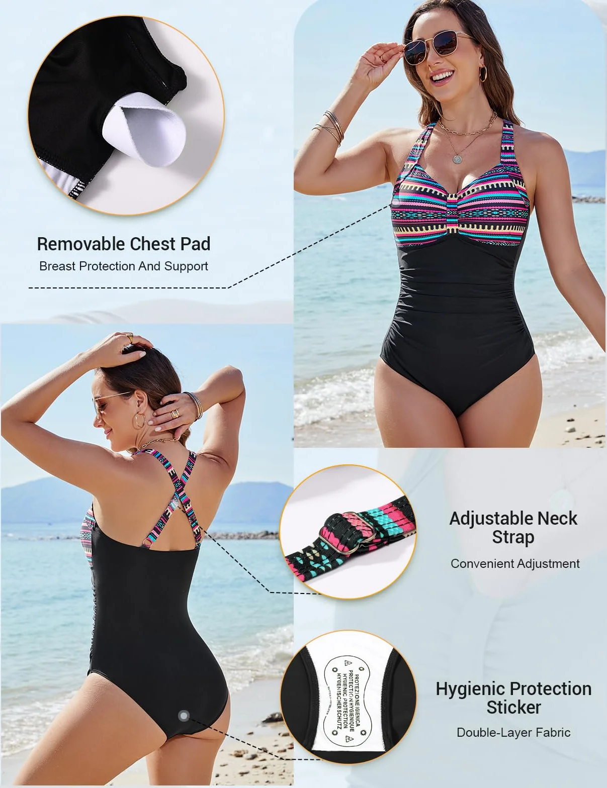 Nadeer Bañador Mujer Reductores Push Up Traje de Baño Una Pieza Cintura Alta Espalda Cruzada Talla Grande