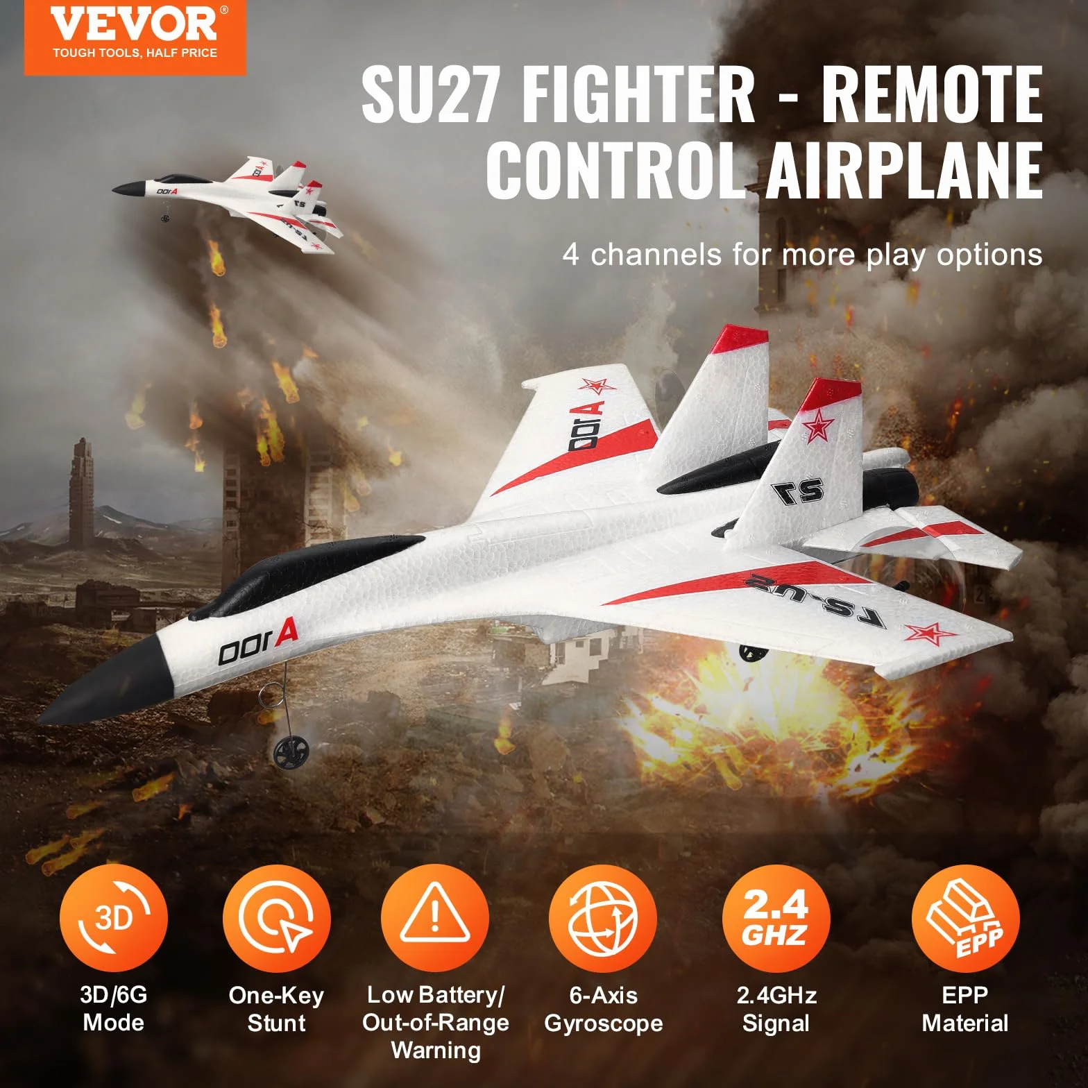 VEVOR Avión RC Avión de Control Remoto de 4 Canales de 2,4 GHz con Estabilizador Giroscópico de 6 Ejes Avión de Combate Listo para Volar Juguete con 2 Baterías para Adultos, Niños, Principiantes