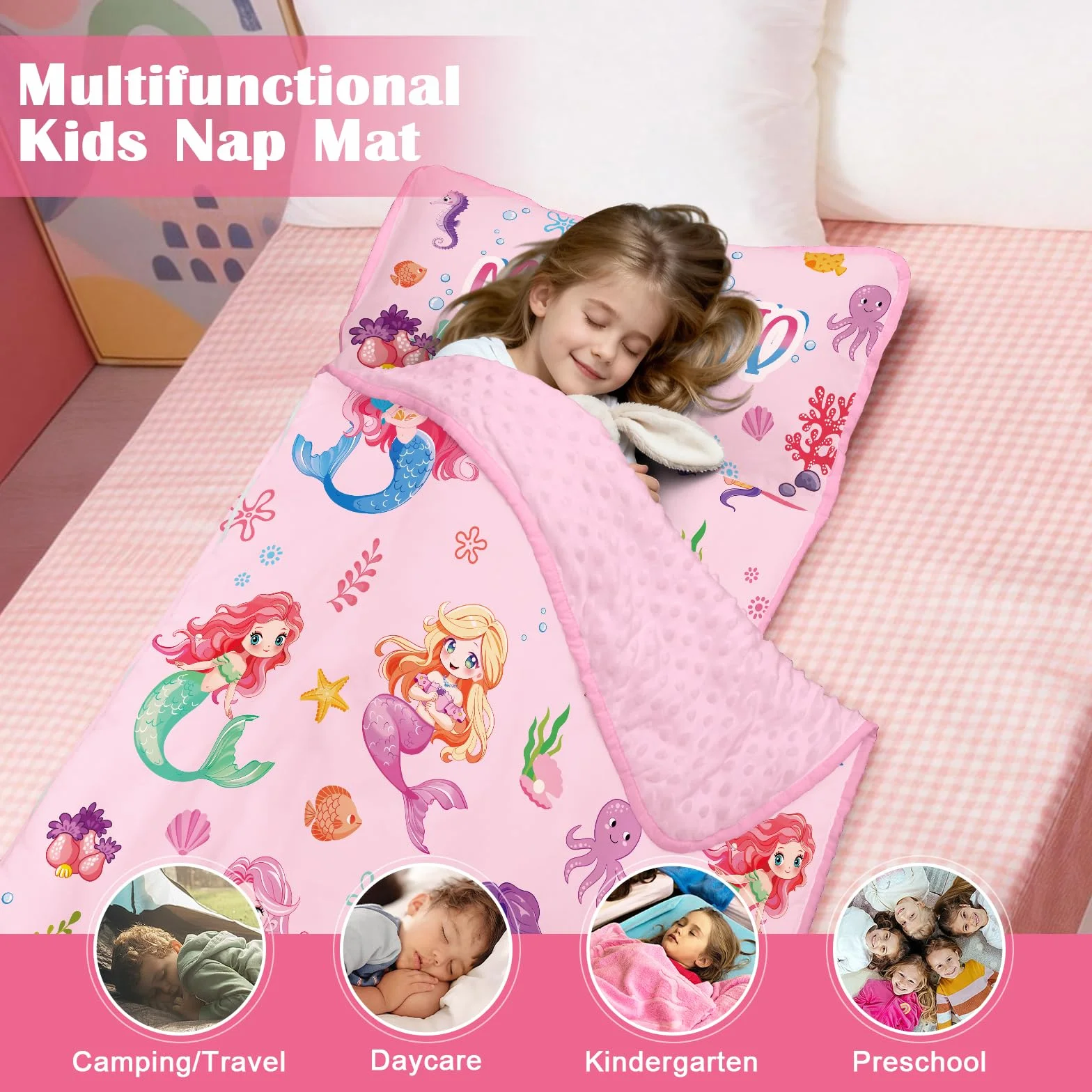 decalsweet Saco de Dormir para Niños con Almohada y Manta Extra Gruesa Grande 2 en 1, Alfombrilla de Siesta para Niñas y Niños, Bolsa de Dormir Bebés para Preescolar Viajes Camping