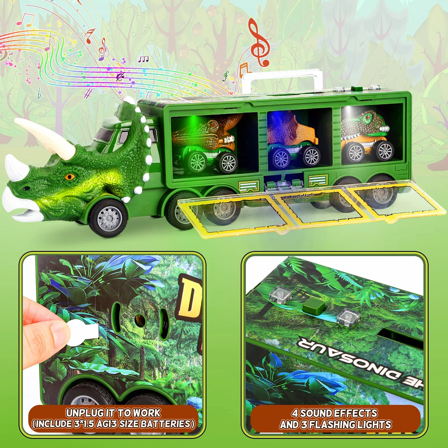 DINORUN Camión Transportador de Dinosaurios Juguetes Coches de Juguetes con Luz y Sonido para Niños y Niñas