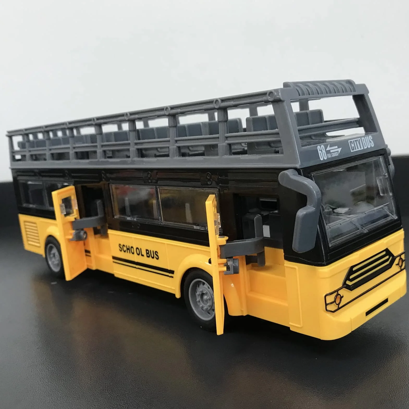 Autobús de Control Remoto, 4 Canales Electrónicos, Puertas de Apertura, Función de Aceleración, Autobús RC de Dos Pisos para Niños de 3 Años en Adelante (Autobús Escolar QH204 7)