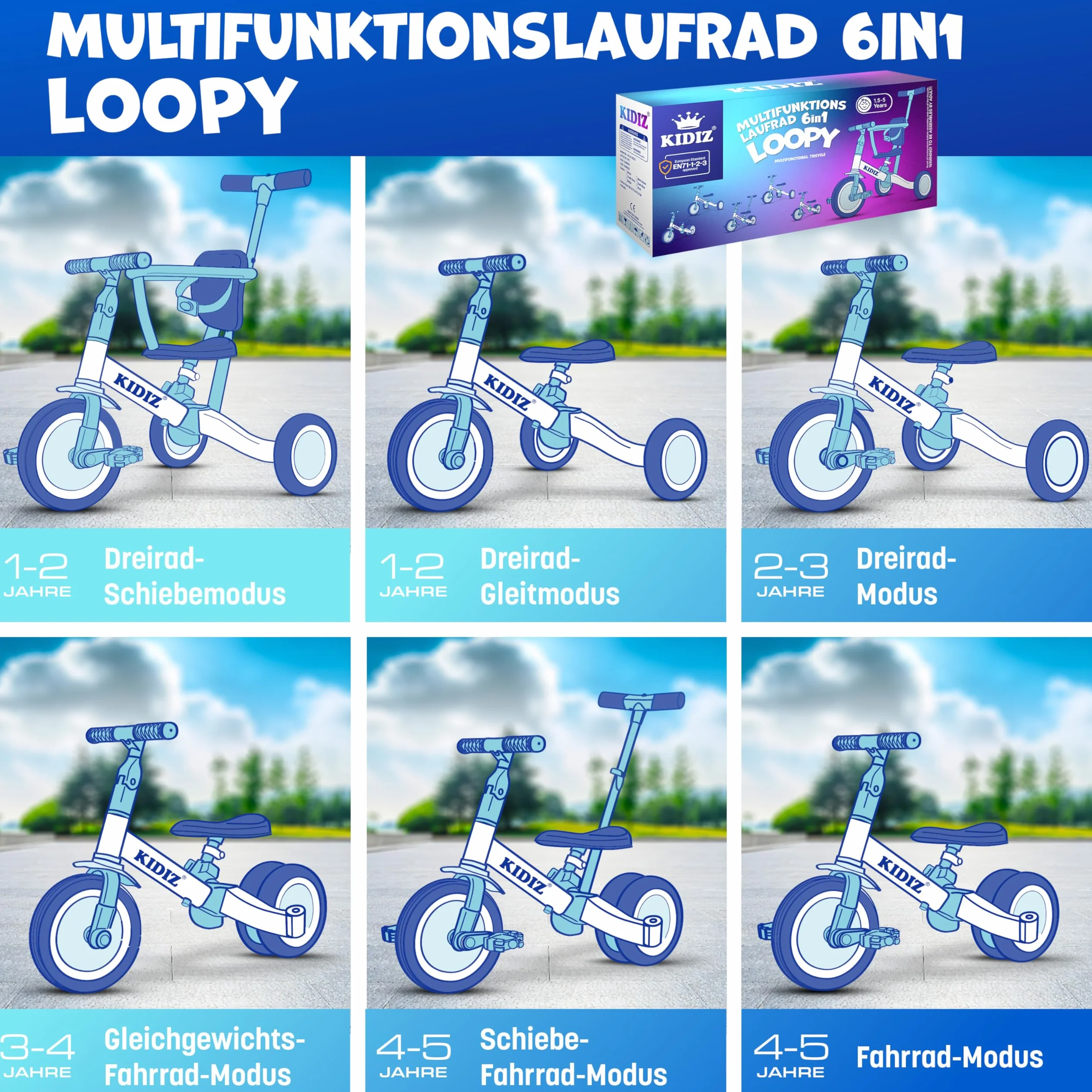 KIDIZ® 6en1 Bicicleta de Balance, Triciclo para niños de 1 año a 5 Años, Capacidad de Carga hasta 25kg, Incl. Manillar/Barra de Seguridad/Cinturón de Seguridad/Timbre/Espejo