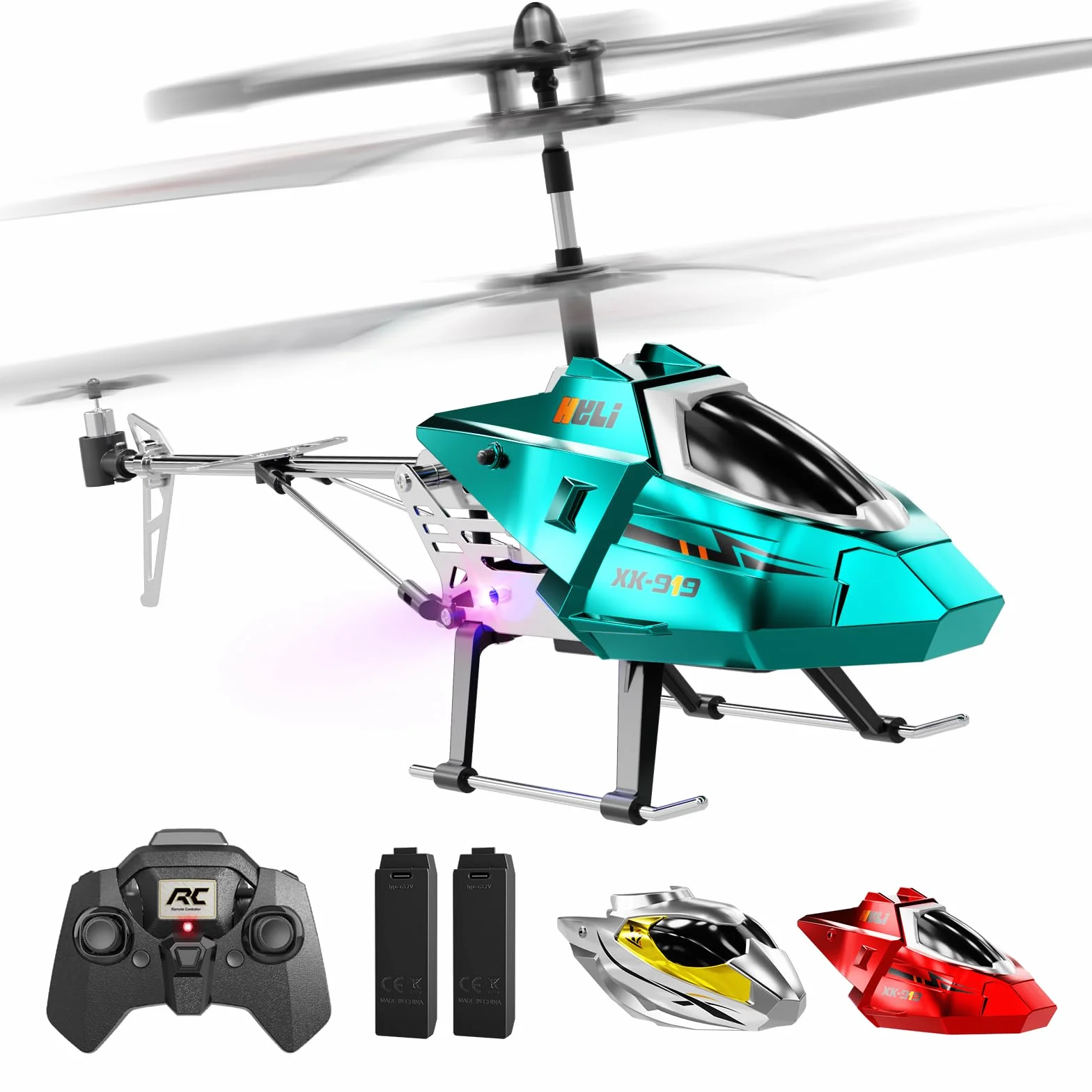 XIKOTEC Helicóptero Teledirigido para Niños, RC Helicóptero con 2 Baterías, Mantenimiento de Altitud, Luz LED y 3 Carcasas Metálicas Intercambiables, Avión Teledirigido 2.4GHz para Principiantes