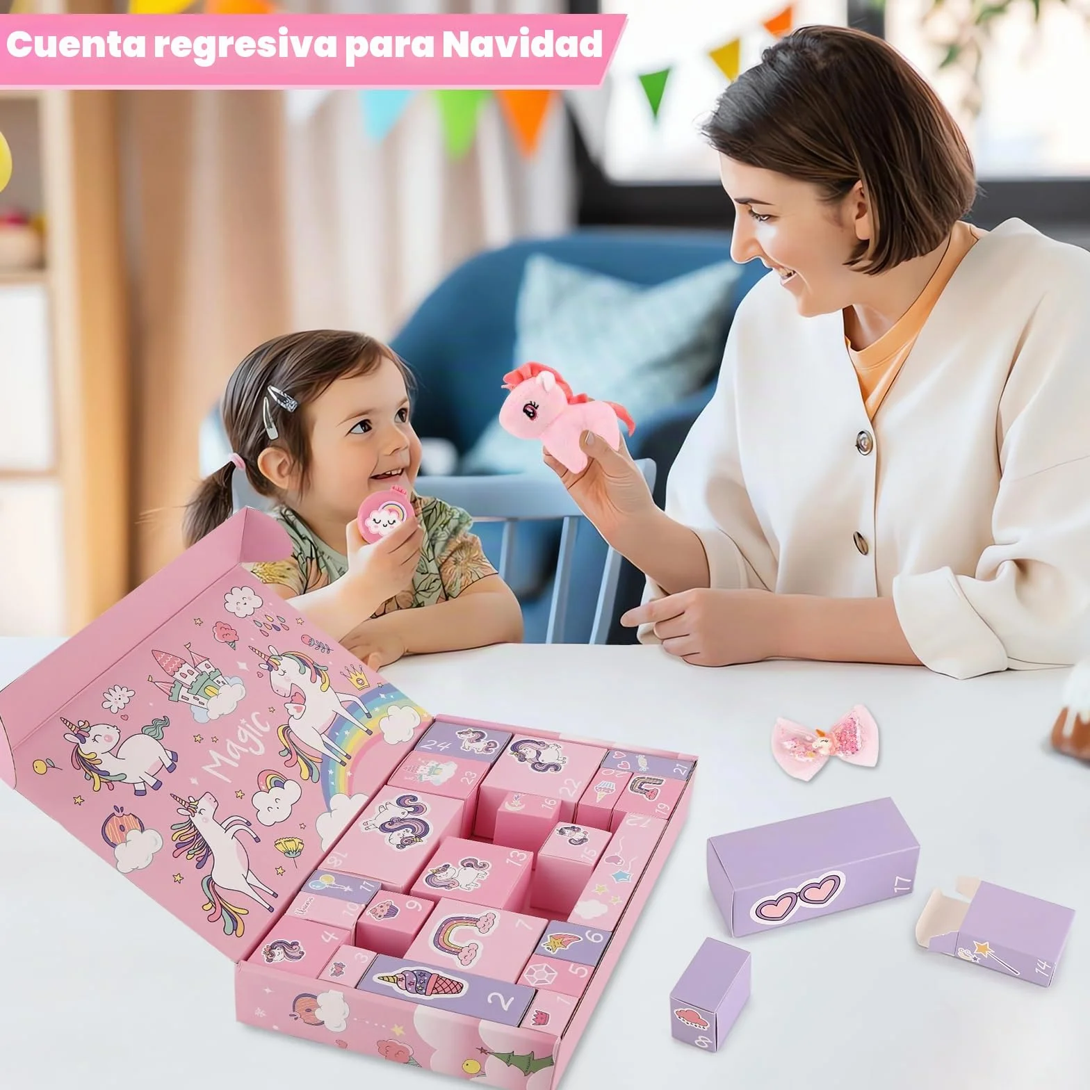 Calendario Adviento Niña, Cuenta Atrás con 24 Días de Sorpresas, Regalos de Unicornio para Niñas Niños Incluye Juguetes y Accesorios para el Pelo