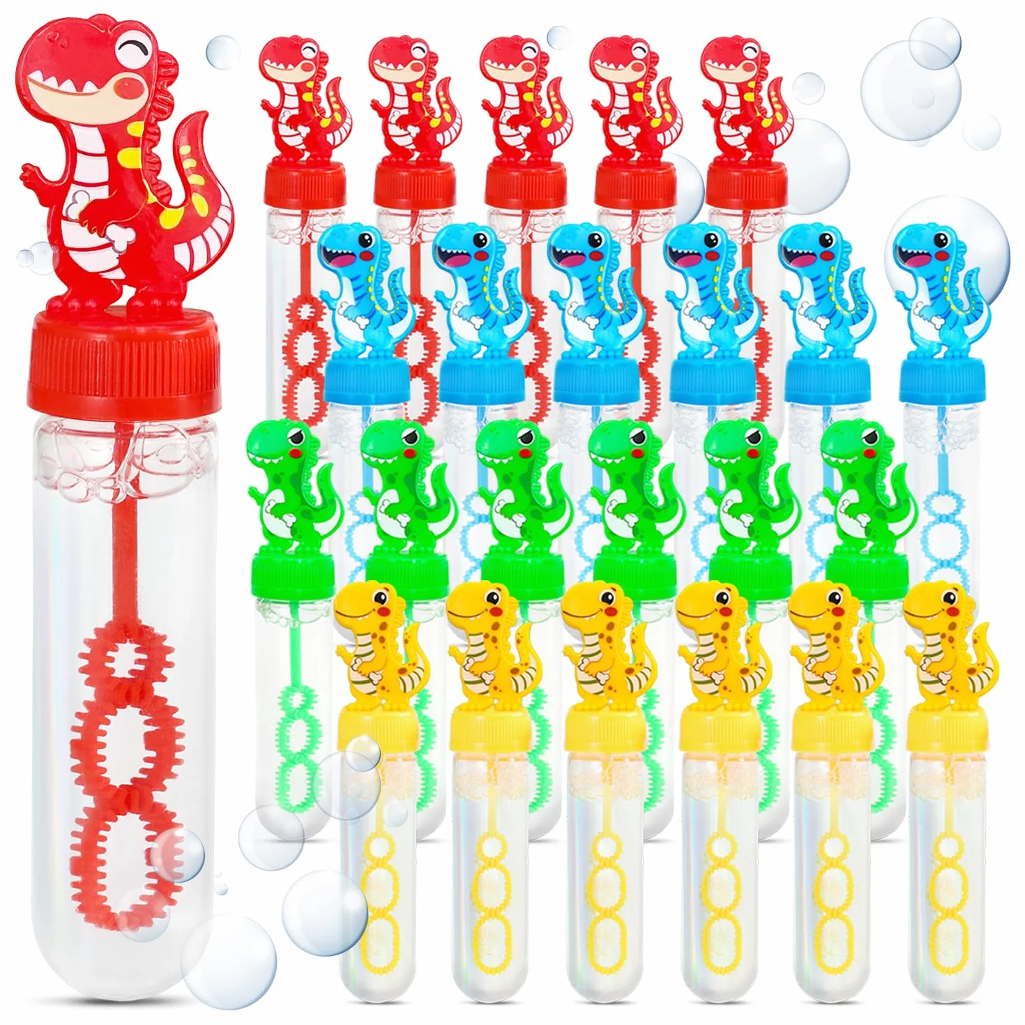 Magicat Juego de 24 pompas de jabón XXL para niños, juego de 24 pompas de jabón con divertidas asas de dinosaurio, obsequios para cumpleaños infantiles, burbujas de jabón líquidas de 30 ml, pompas de