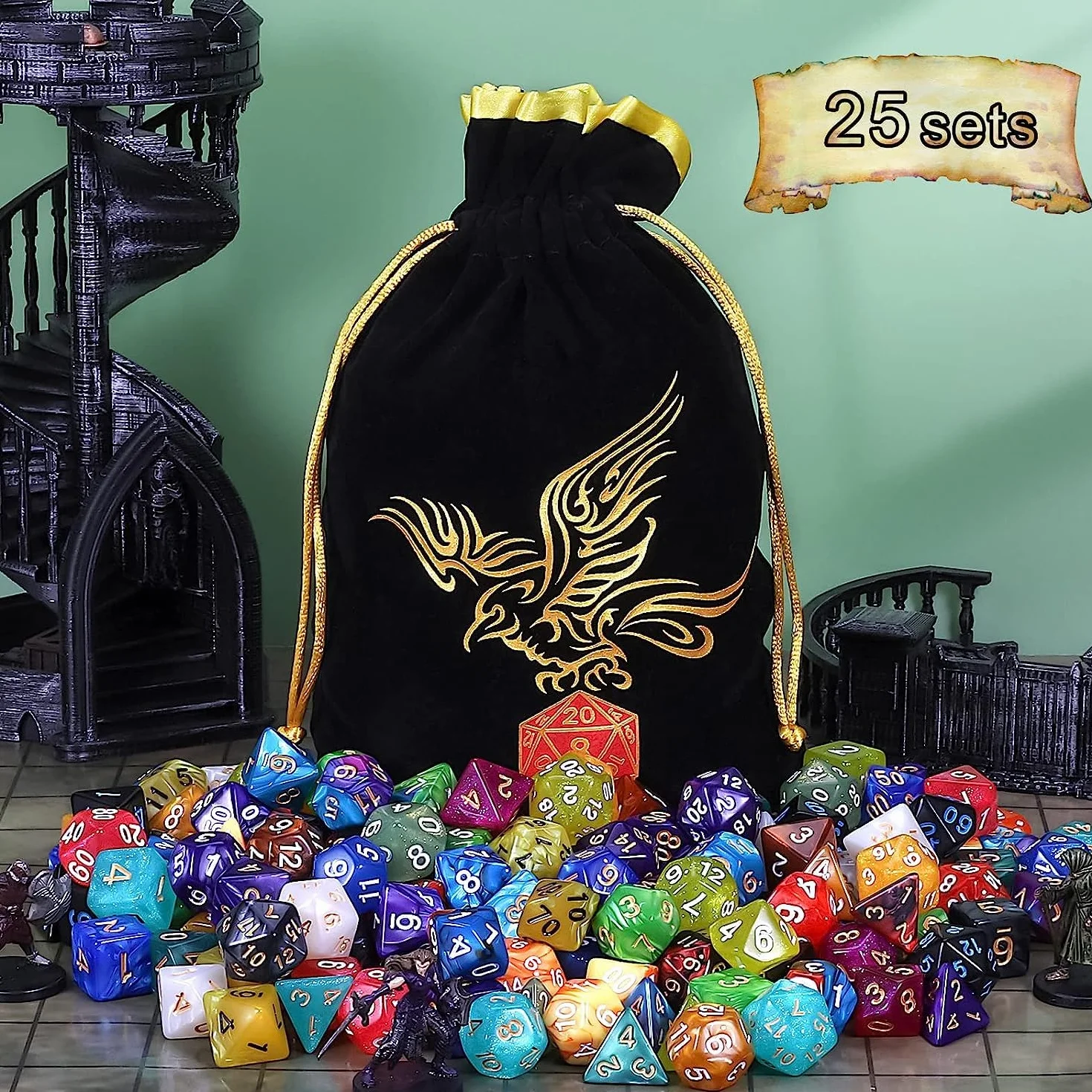 QMAY Juego de dados DND, 25 x 7 (175 piezas) dados poliédricos compatibles con Dungeon and Dragons MTG Table Games RPG DND., DCIE25