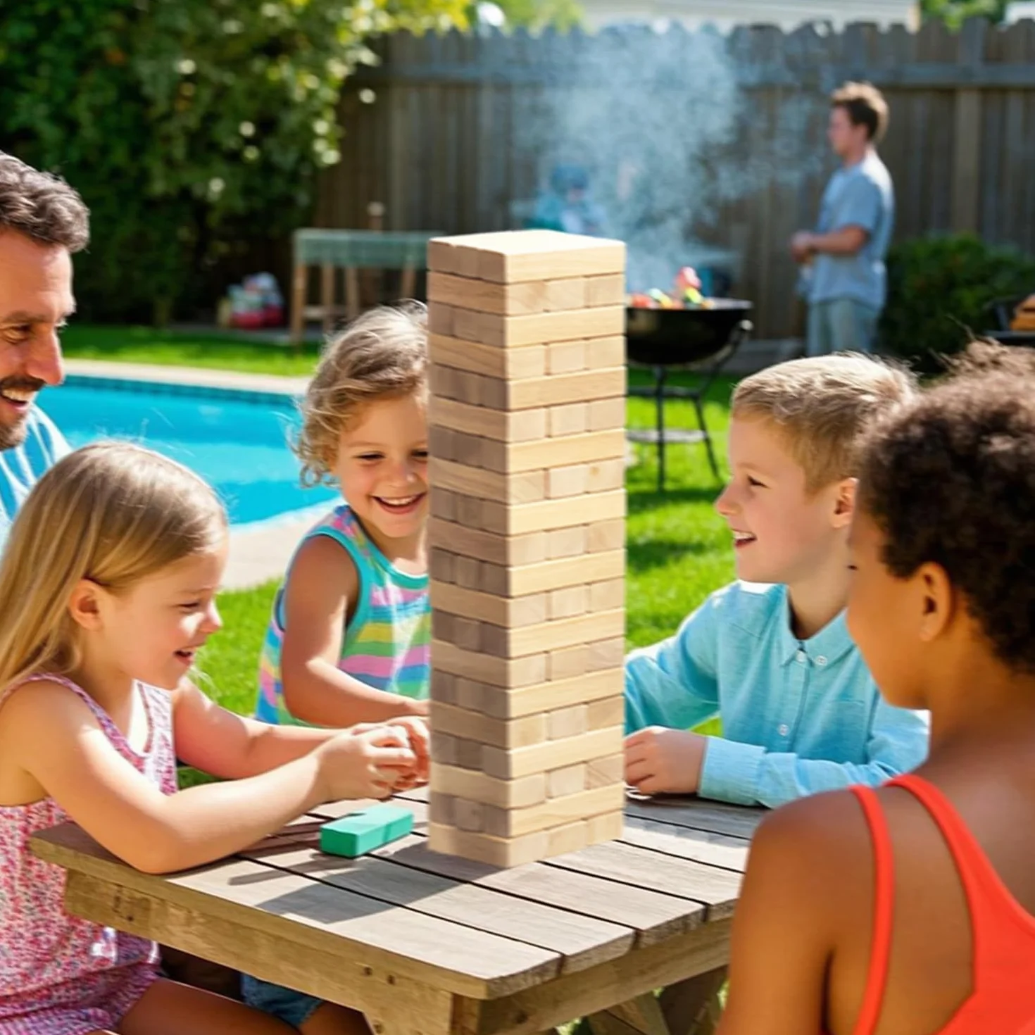 Torre de volcar de madera - Juego apilable - 54 piezas - Juegos de exterior para la familia - Gran tamaño - 54 piezas