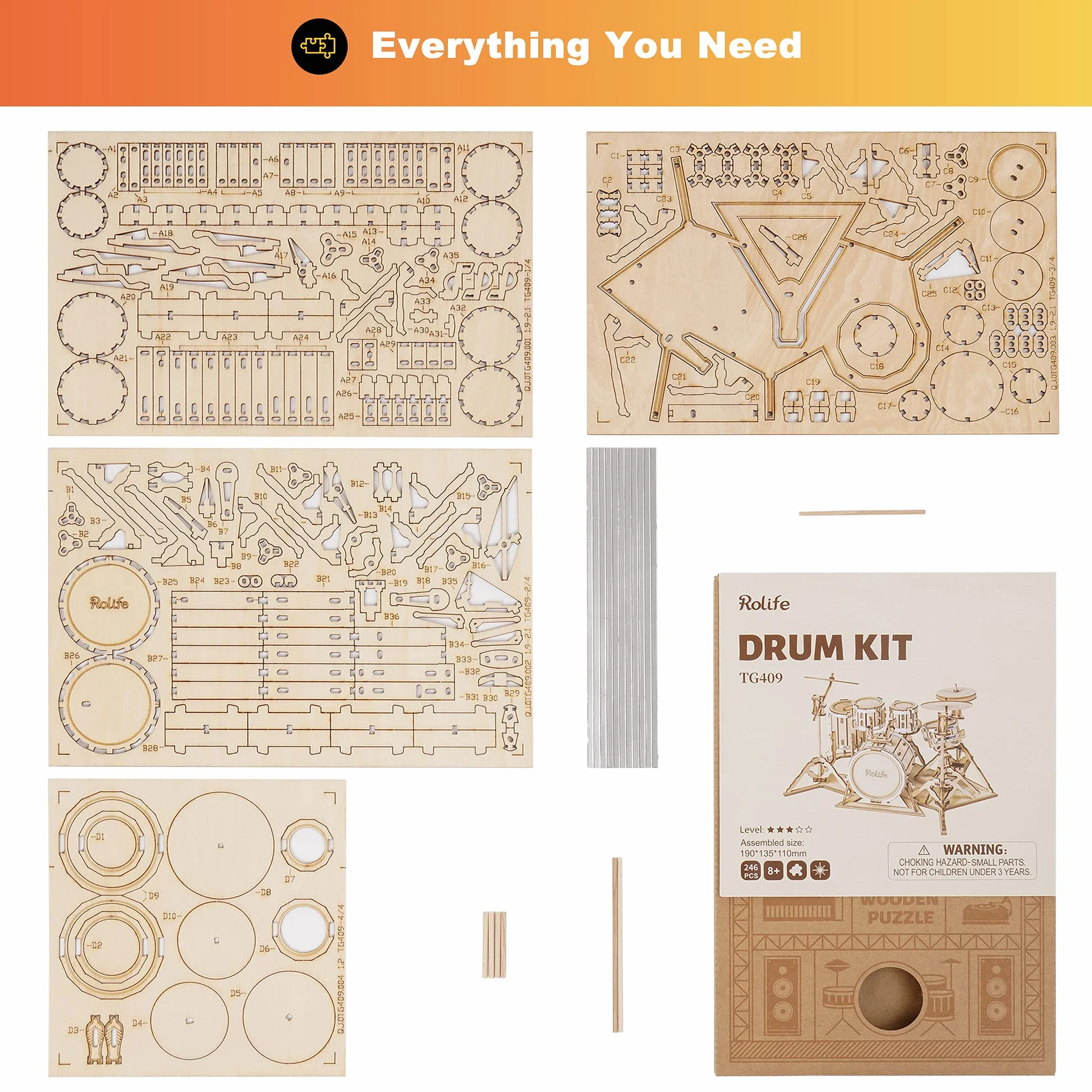 Rolife Puzzle 3D Madera Antiguo Maquetas para Montar Adultos Instrumento Musical Kit de batería