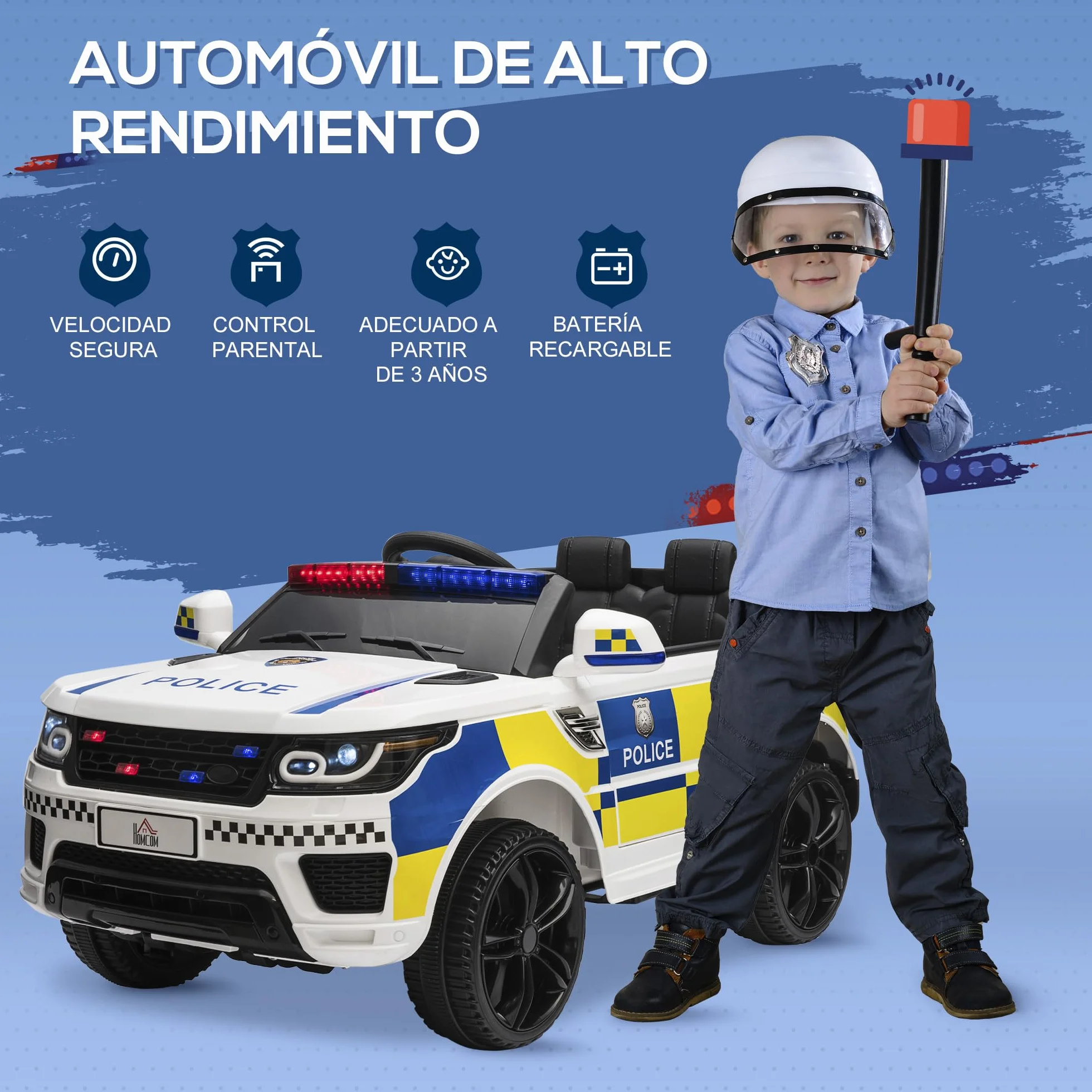 HOMCOM Coche Eléctrico Infantil de Policía 12V con Suspensión Muelle Mando a Distancia Bluetooth USB Sirena Blanco