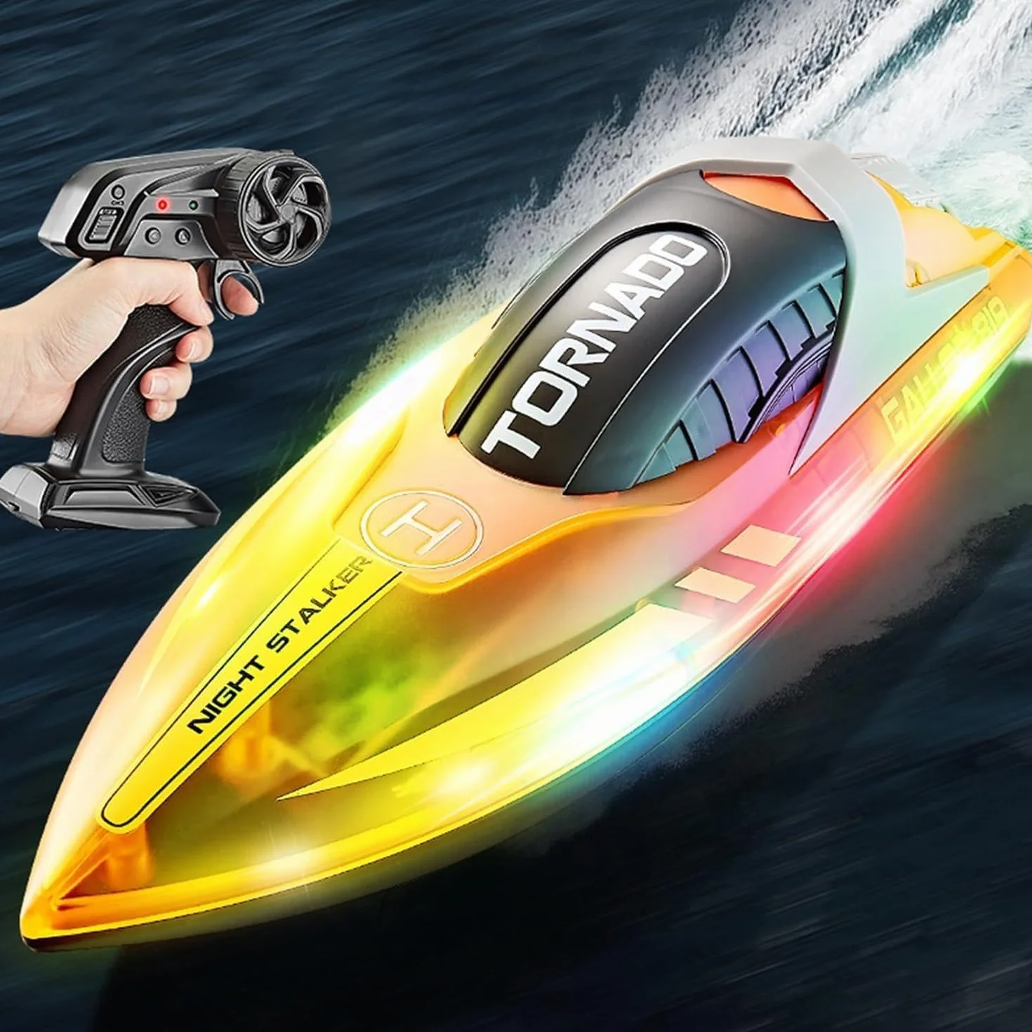 Forhome Barco teledirigido, 2,4 GHz con luces LED, 15 km/h, barco teledirigido, barco de carreras RC, lancha de velocidad, juguete de piscina para niños y adultos (naranja) (B)