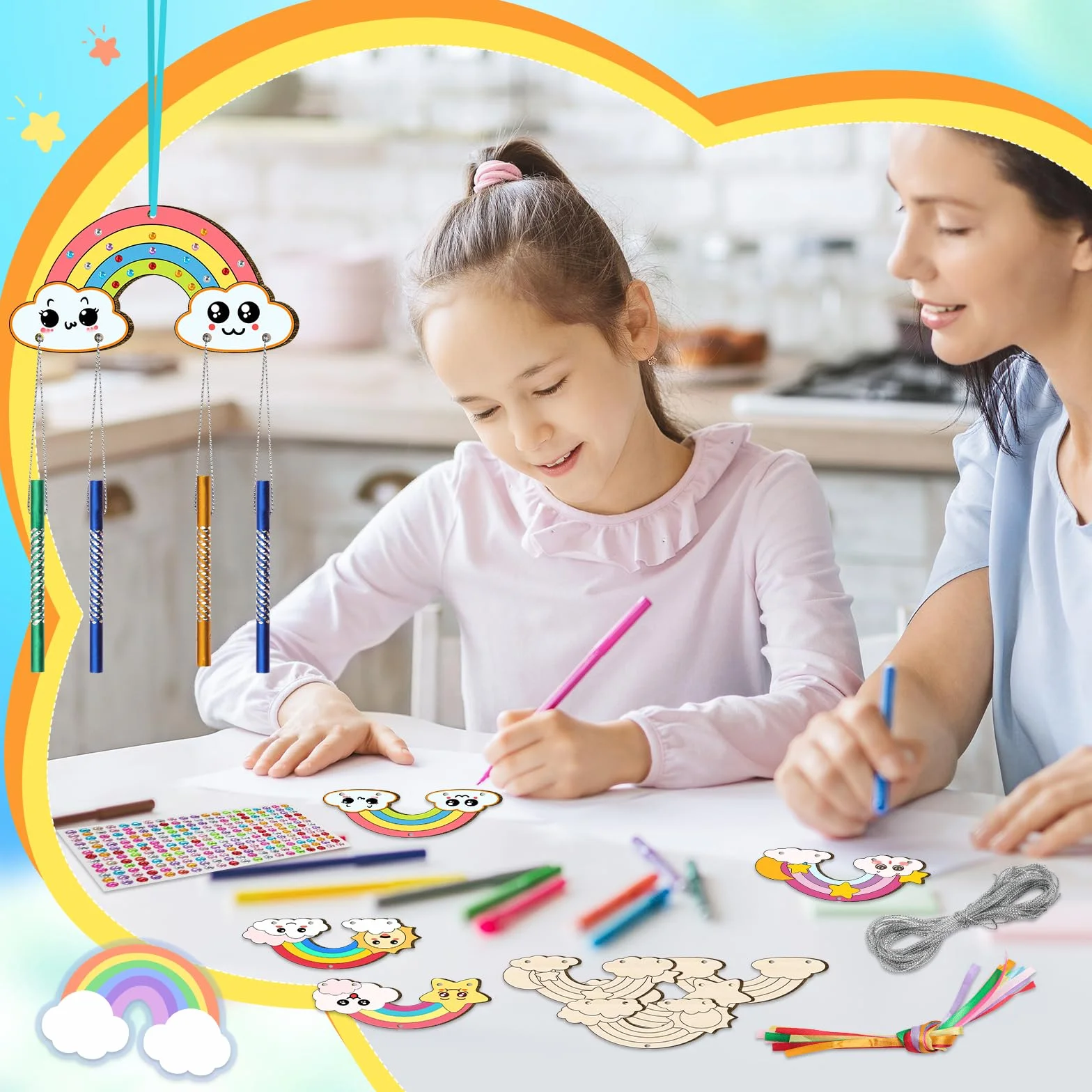 Nourdom Kit de 12 campanillas de viento para niños, haz tu propia campanilla de viento Rainow para colorear estrella, luna, sol, hacer un timbre de viento, kits de madera para artes y manualidades