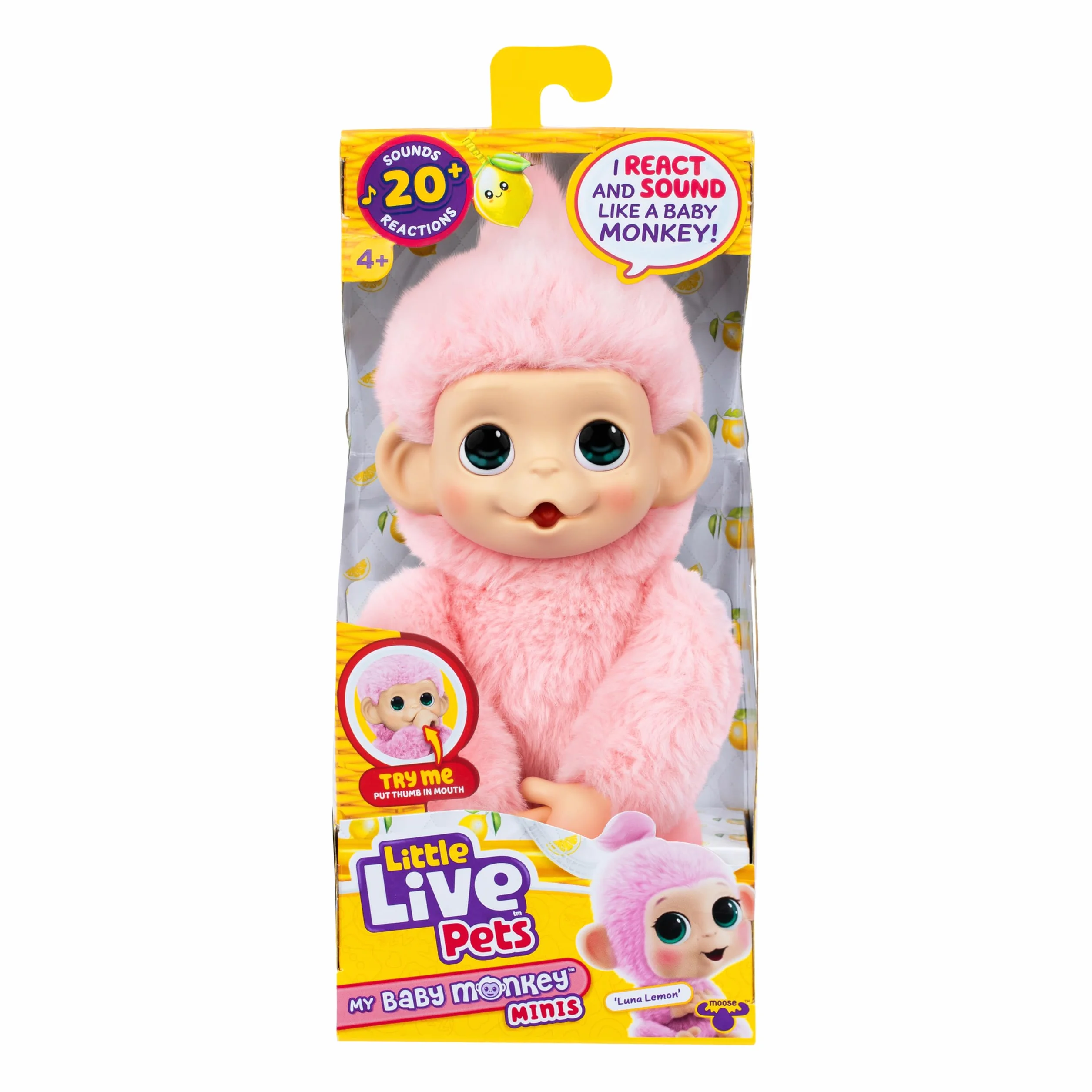 Little Live Pets Baby Monkey Minis Luna Lemon, Juguete Interactivo, 20 Sonidos, Suave Pelaje Rosa, 18,8 cm
