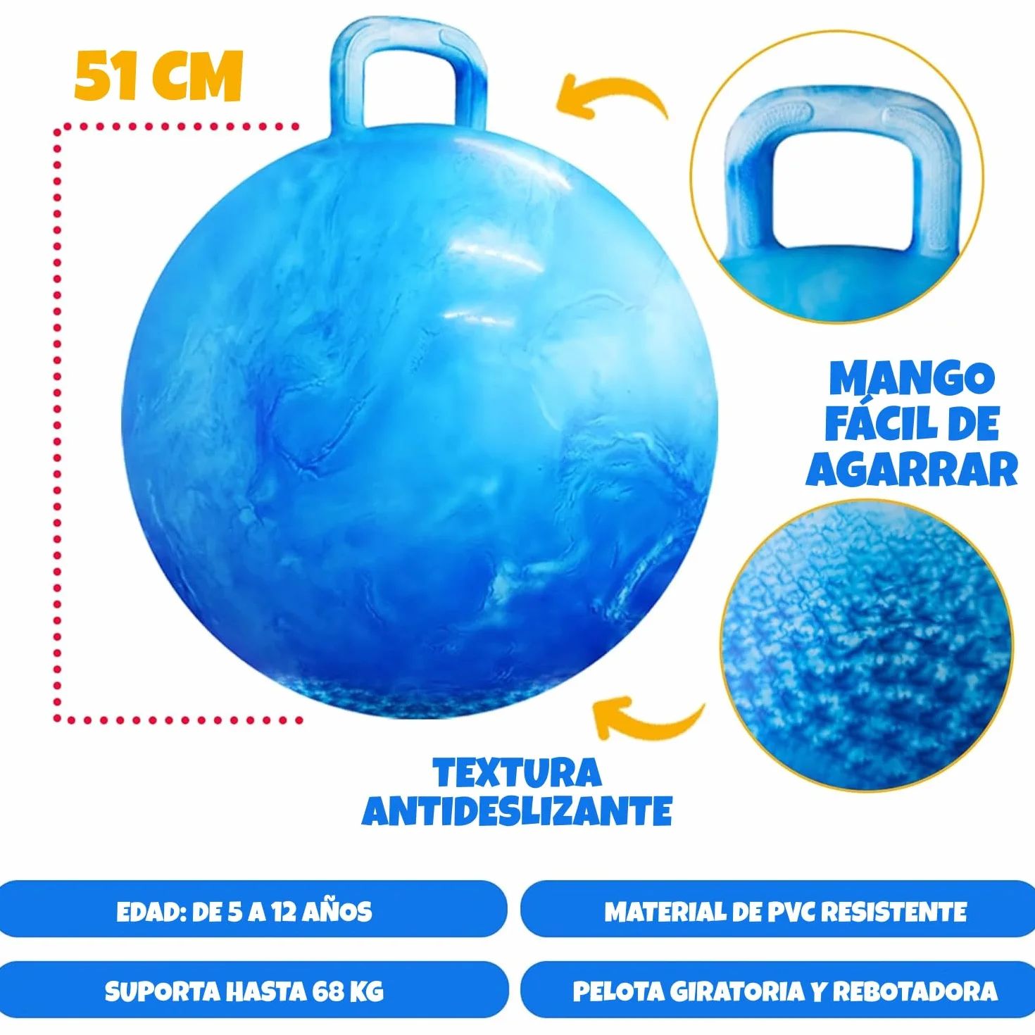 Bedwina Pelota saltarina niños – Pelota de 50,1 cm con asa y Bomba, Juguete Inflable Duradero y Seguro para Saltar y Jugar en Interiores y Exteriores