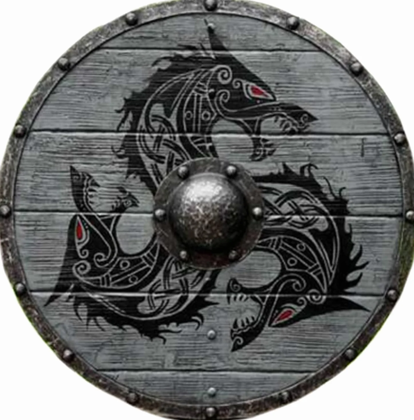 Escudo Vikingo Medieval Fenrir Lobo Gris Auténtico Bettleworn, Guerrero Hecho a Mano Totalmente Funcional Para Combate - 61 cm de Diámetro
