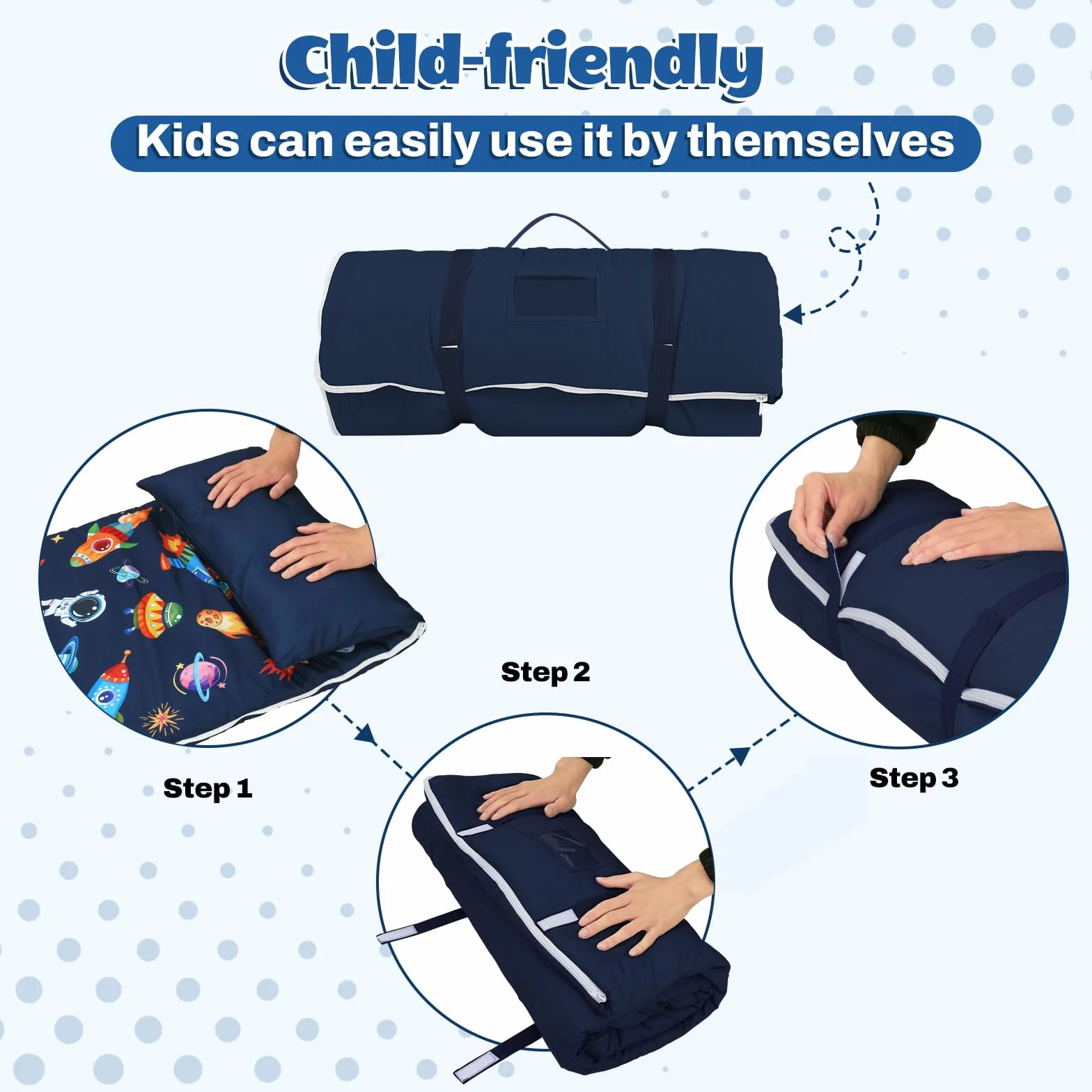 Saco de Dormir para Niños con Almohada, Tapete de Siesta para Niños y Niñas, Cálido Saco de Dormir de 150 x 60 cm, Tapete de Dormir Enrollable con Doble Cremallera