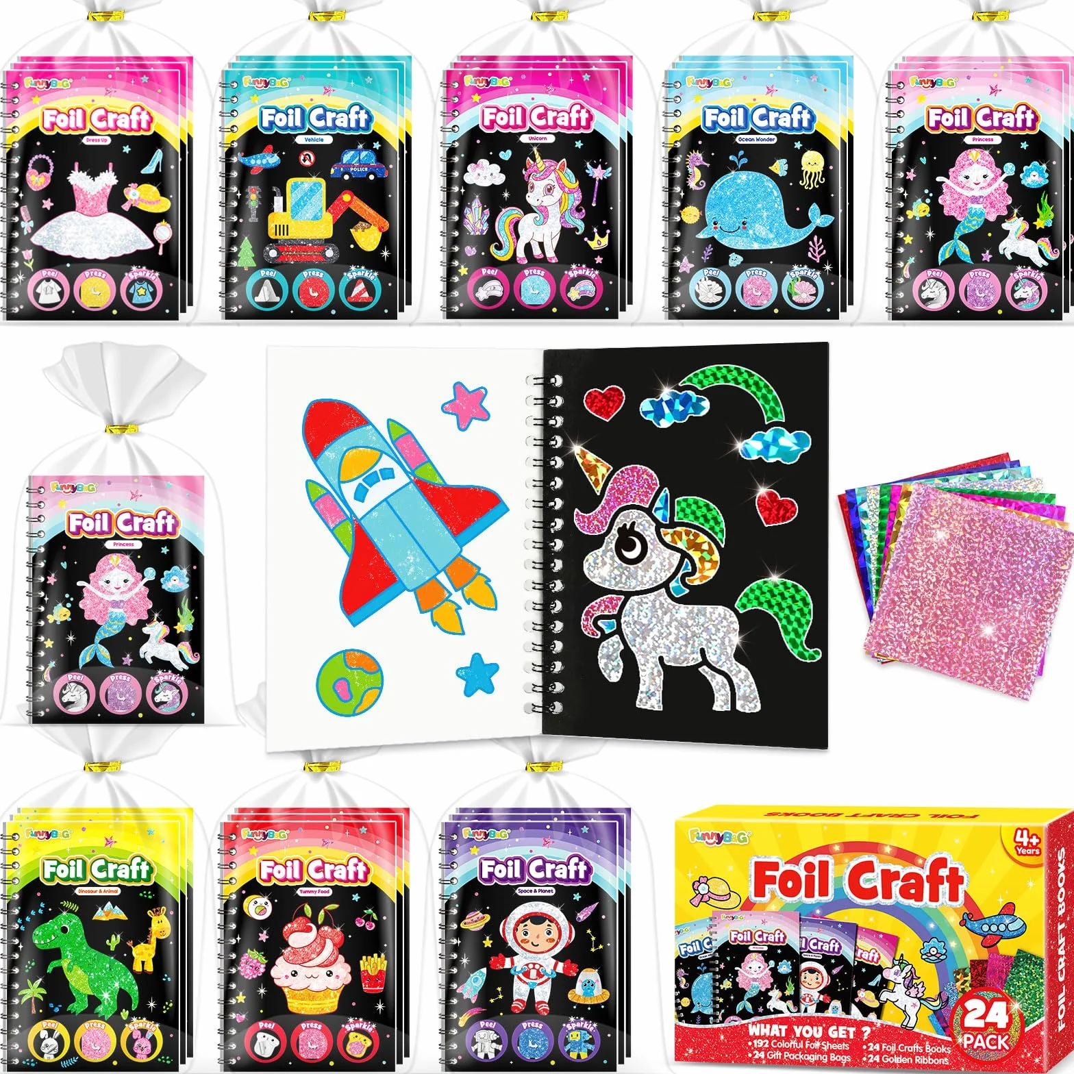 FUNNYB&G Arte con Foil Actividad Libros Colorear Detalles Cumpleaños niños, 2 IN 1 Foil Art&Livros de Colorir infantis, Regalos Cumpleaños Niños Colegio|Manualidades Niños Niña 4-10 Años (clásico 24)