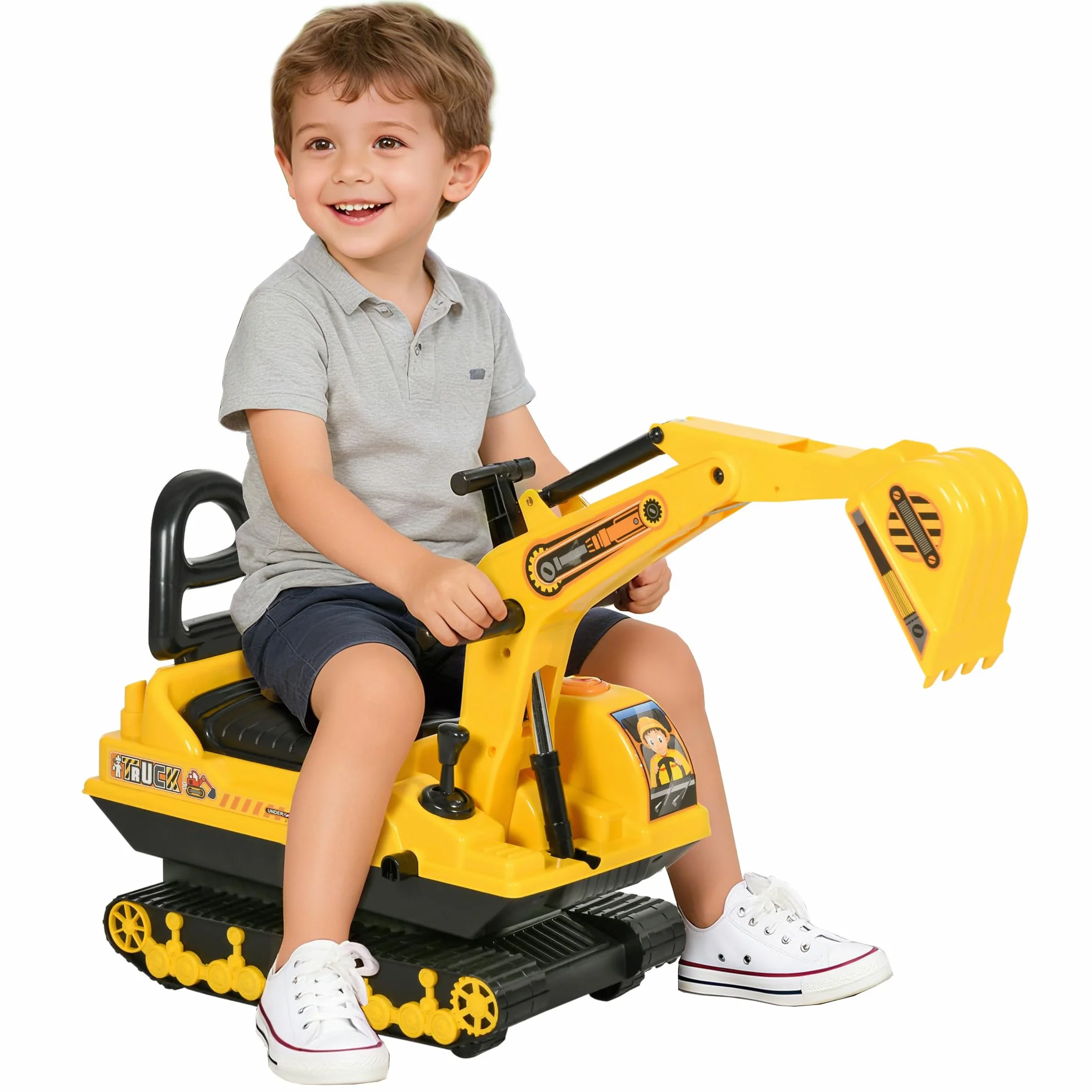 HOMCOM Excavadora sin Pedales para Niños de 18-48 Meses Excavadora Correpasillos Camión de Construcción con Asiento de Almacenamiento Pala Delantera y Bocina Carga 30 kg 78x24x58,5 cm Amarillo