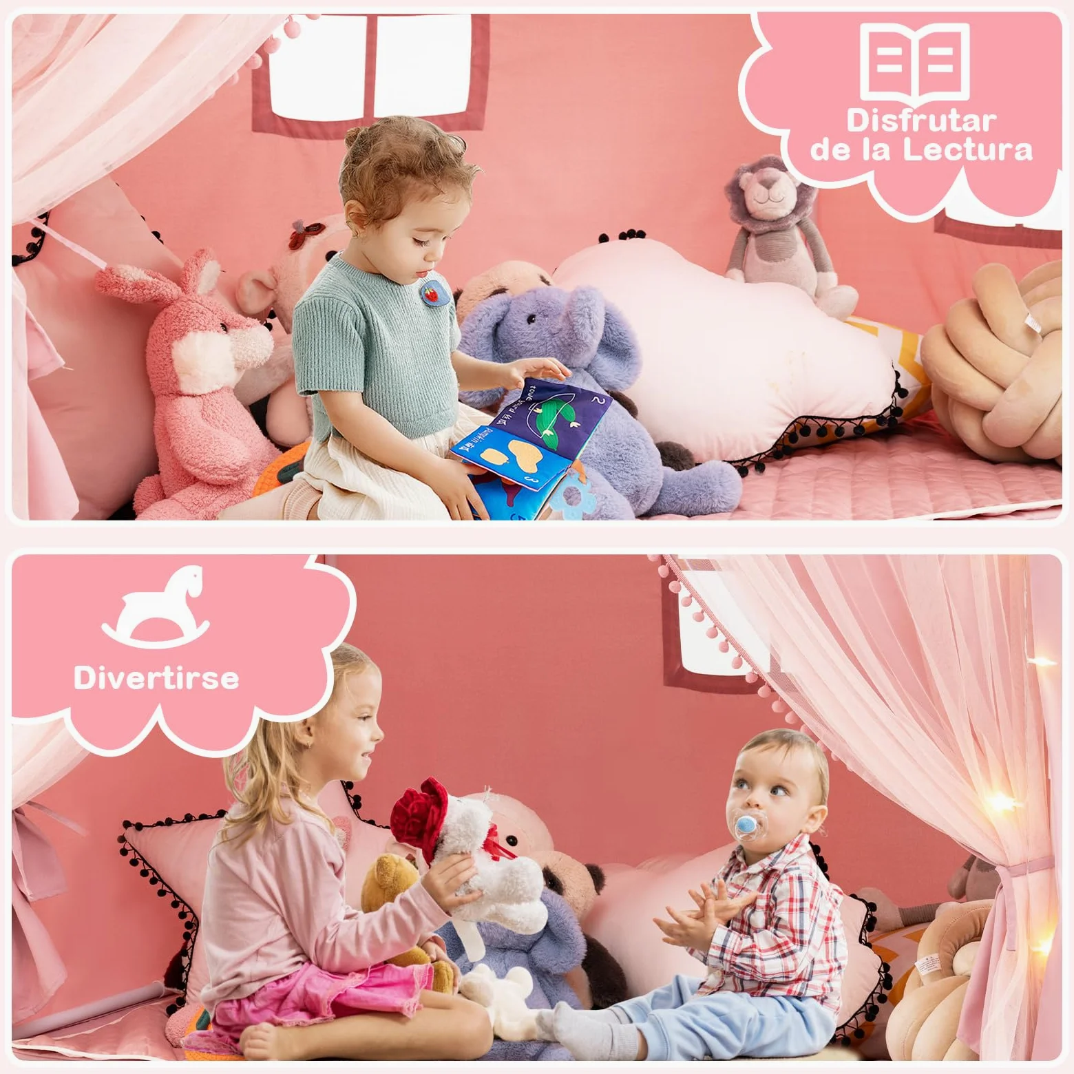 COSTWAY Tienda de Campaña Infantil, Tienda Tipi Infantil con 2 Cortinas de Tela y Malla, Luces de Estrellas, 2 Ventanas Transpirables, Almohadilla de Algodón, Casita Niños Tela para 3-4 Niños (Rosa)