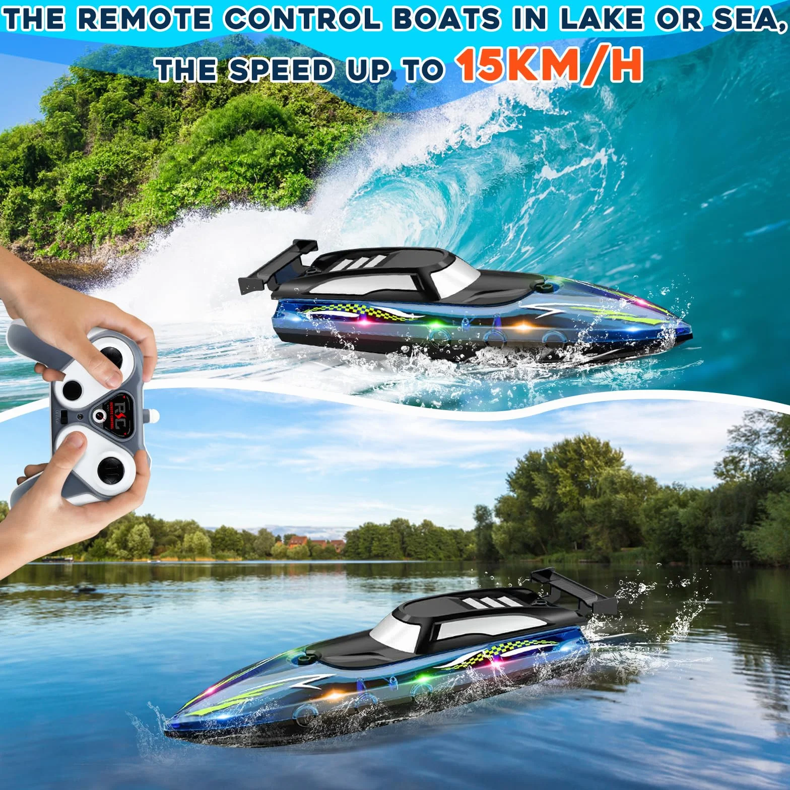 Barco de Control Remoto, 2.4 GHz Barco eléctrico Impermeable de Alta Velocidad con 2 baterías Recargables y luz LED Barcos eléctrico inalámbrico Ship de Carreras para niños Adultos (Blue)