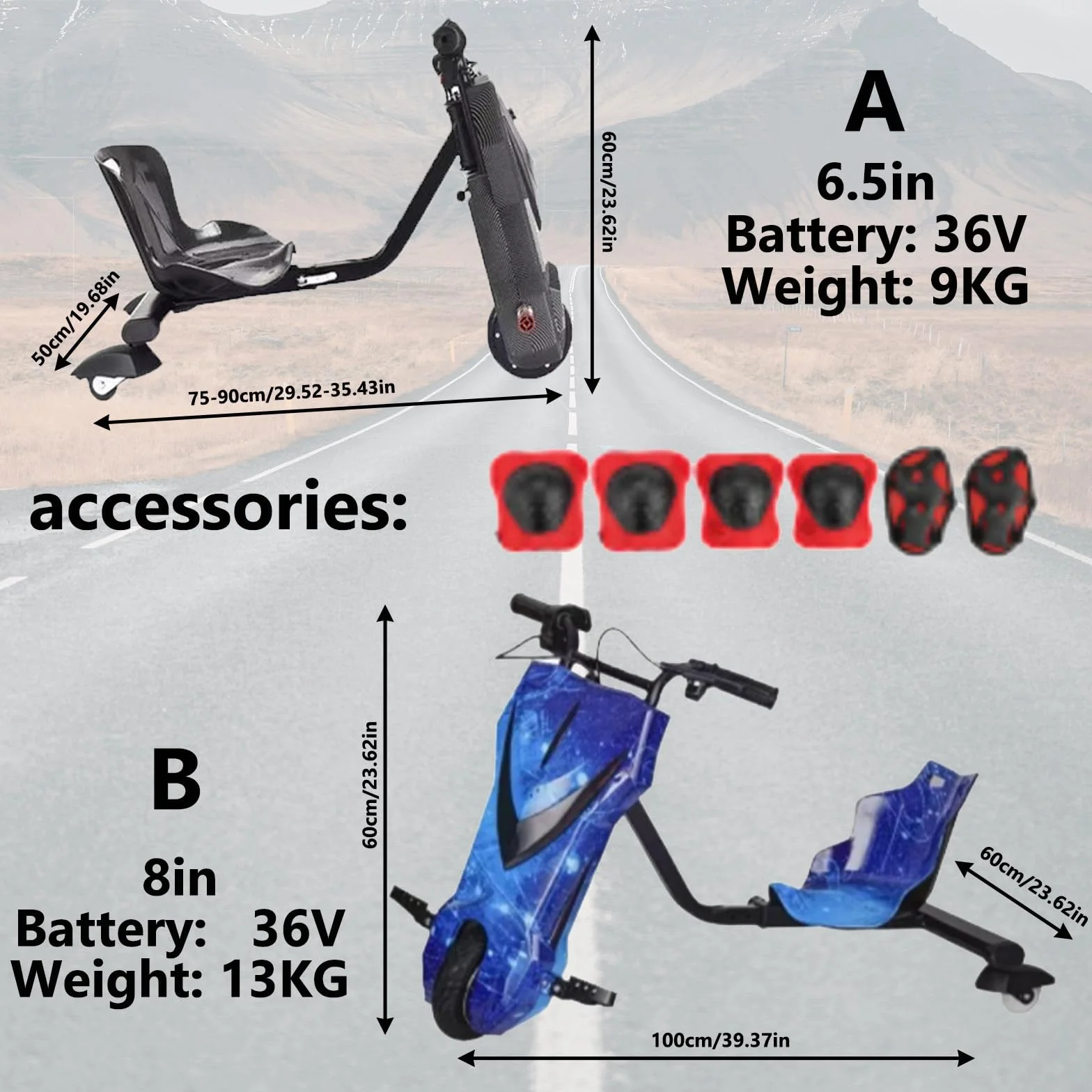 Triciclo A BateríA Drift Trike, Ruedas para NiñOs, Patinete De Deriva Infantil, con 5 Tipos De Longitudes Ajustables, Soporta hasta 100 Kg, VehíCulo EléCrico Desde 8 AñOs 8IN-H