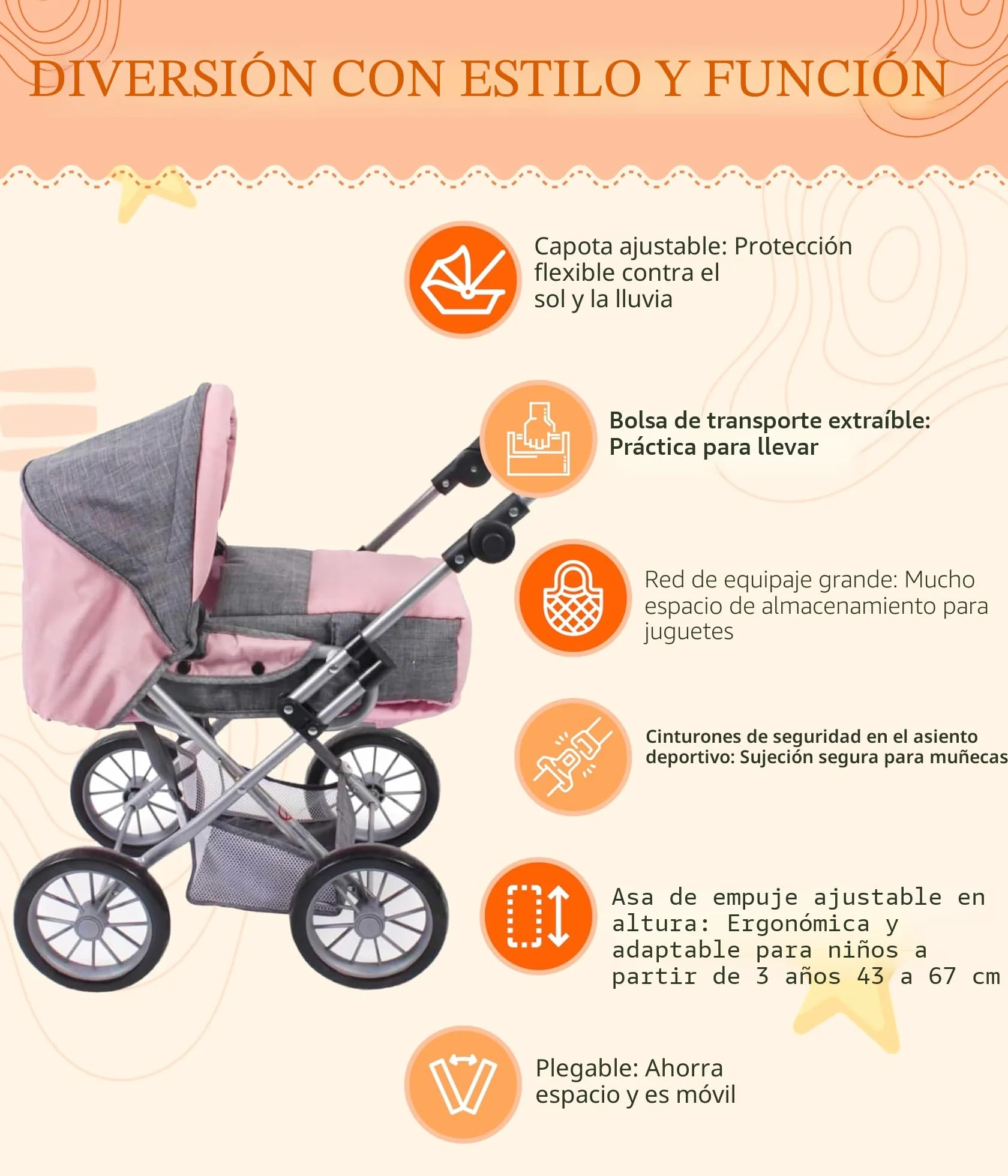 Bayer Chic 2000 Cochecito para muñecas Leni 2 en 1 con Bolsa de Transporte extraíble Gris Vaquero 46 cm