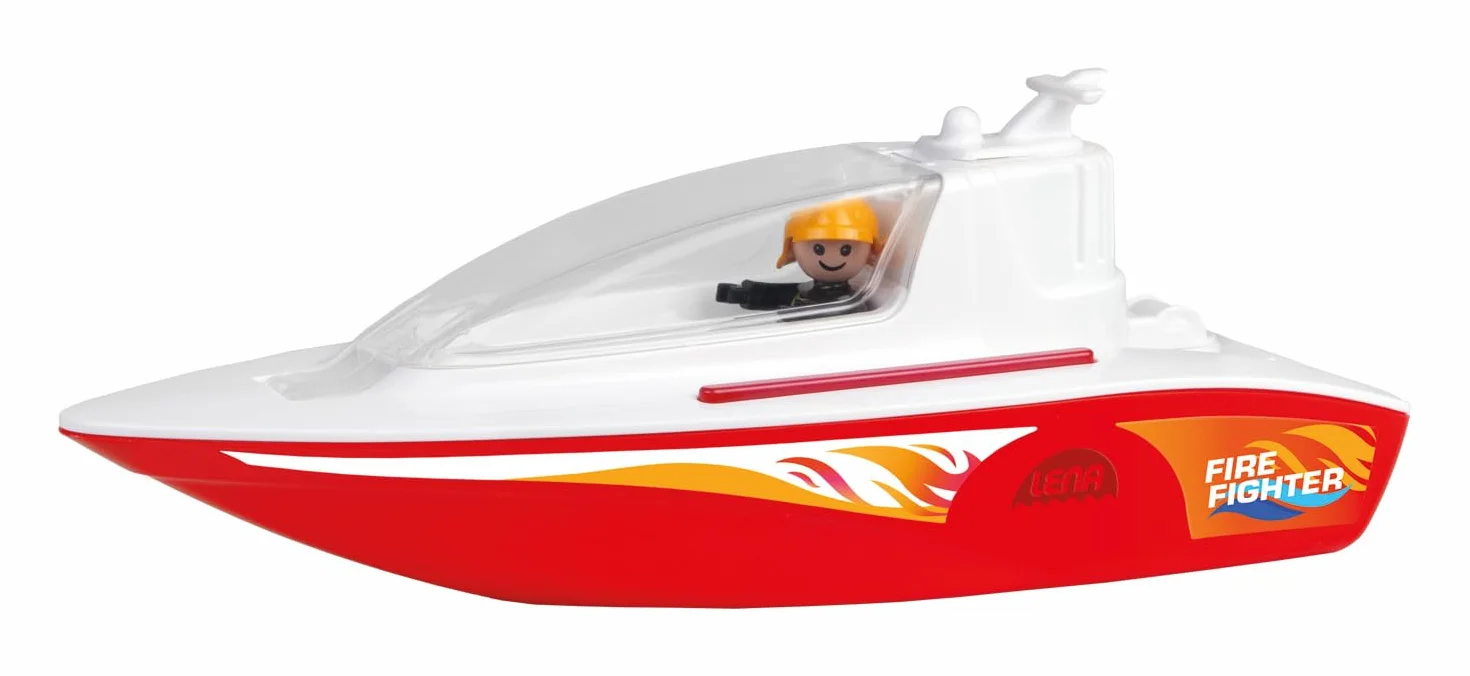 Lena - BOAZZ Barco de Fuego 36 cm, Barco de Juguete Adecuado para Uso en Interiores y Exteriores, para niños a Partir de 2 años, Cabina abatible, Dos Asientos más Figura de Juego