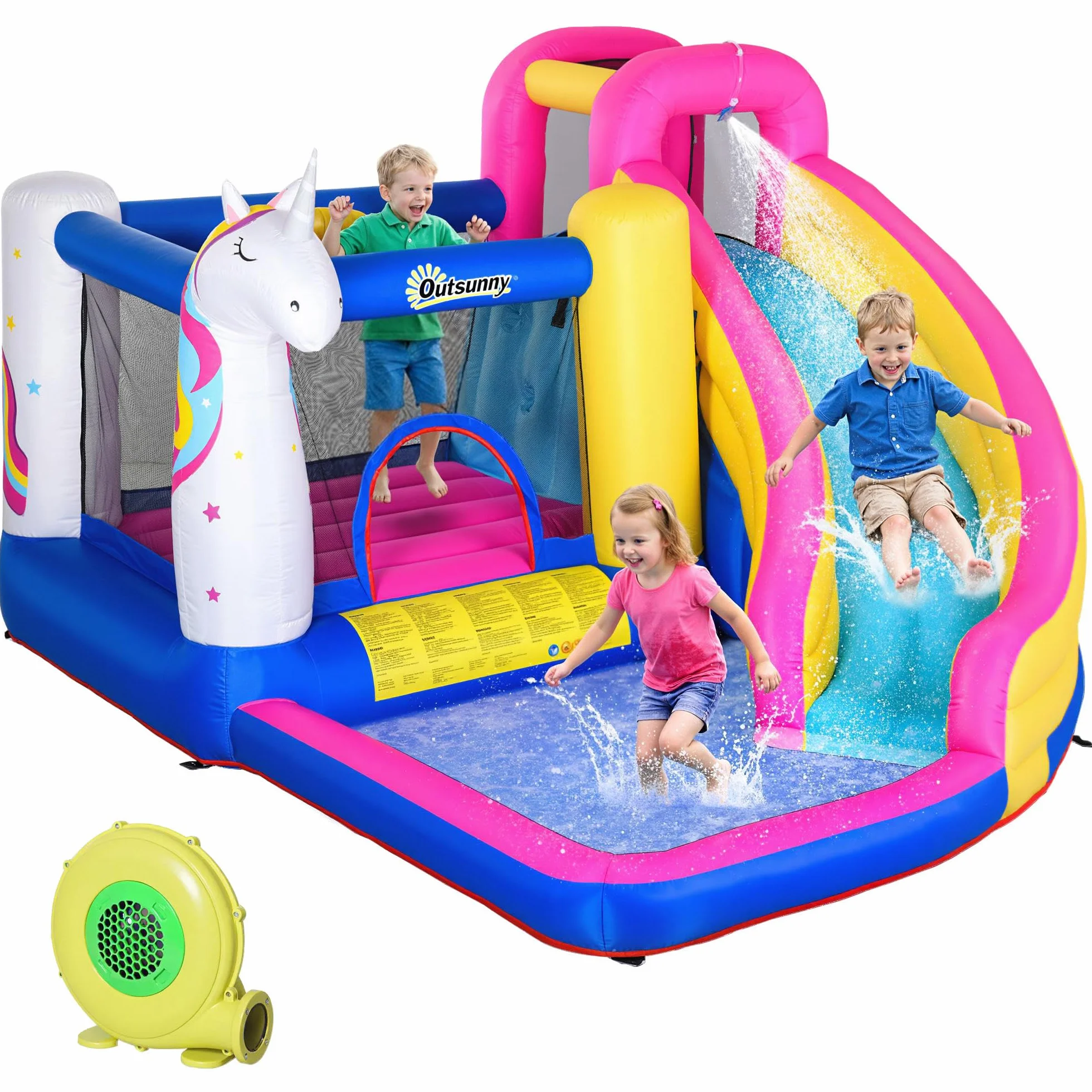 Outsunny Castillo Hinchable para Niños Castillo Inflable Infantil en Forma de Unicornio Parque Acuático con Tobogán Piscina Cama de Salto Inflador y Bolsa de Transporte 360x305x210 cm para 3-8 Años