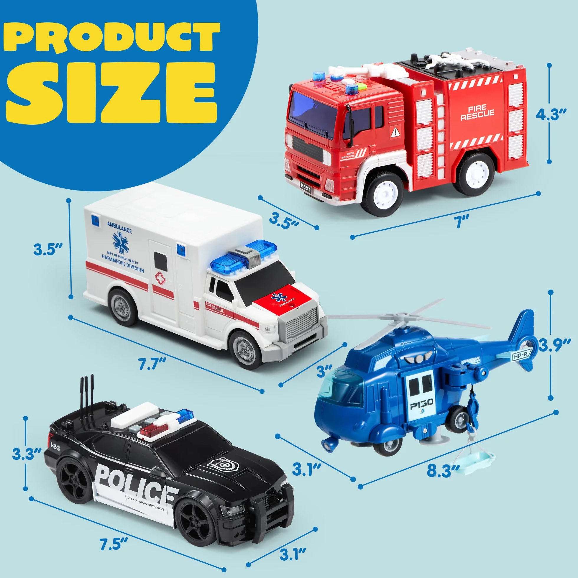 JOYIN Juego de 4 héroes urbanos impulsados por fricción Que Incluye camión de Bomberos, Ambulancia, Coche de policía y helicóptero, vehículos de Emergencia con luz y Sonido