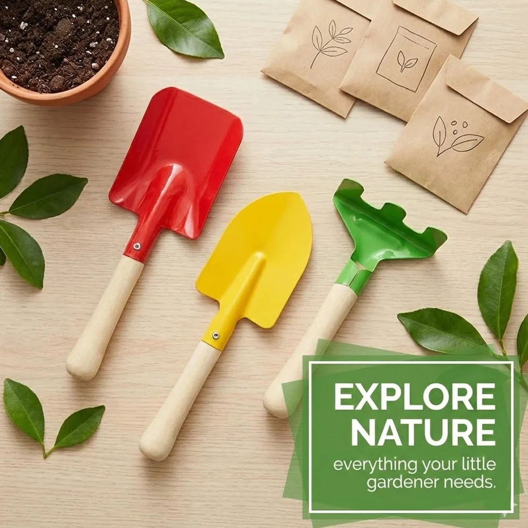 Kit de jardinería infantil de 6 piezas con pala, rastrillo y azada de metal y madera para jardín, balcón, terraza y cajón de arena.