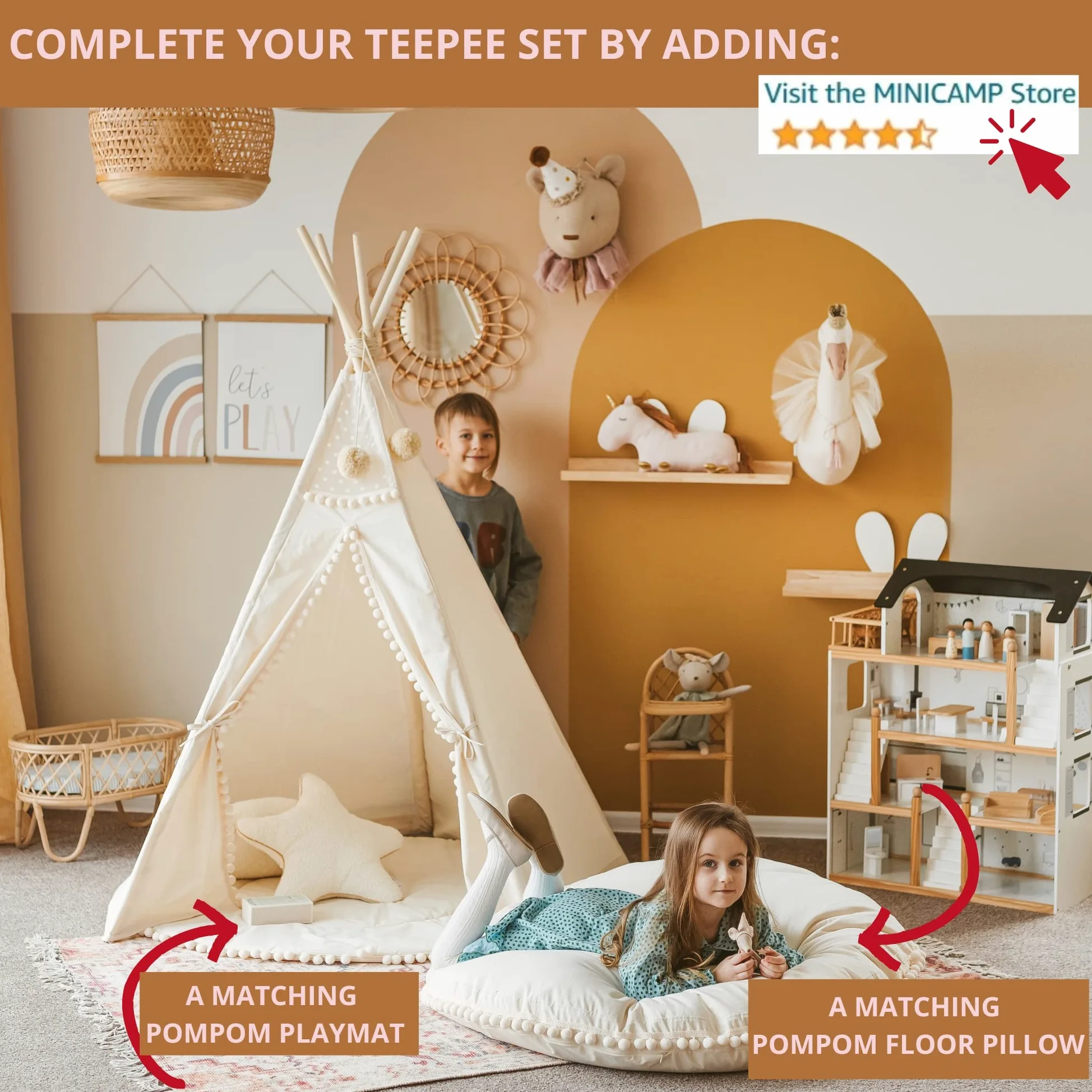 MINICAMP Teepee Original para Niños, Tienda de Campaña de Lona Natural de Algodón con Madera Hecha a Mano, Tienda de Juego Interior para Dormir para Niñas y Niños con Pompones