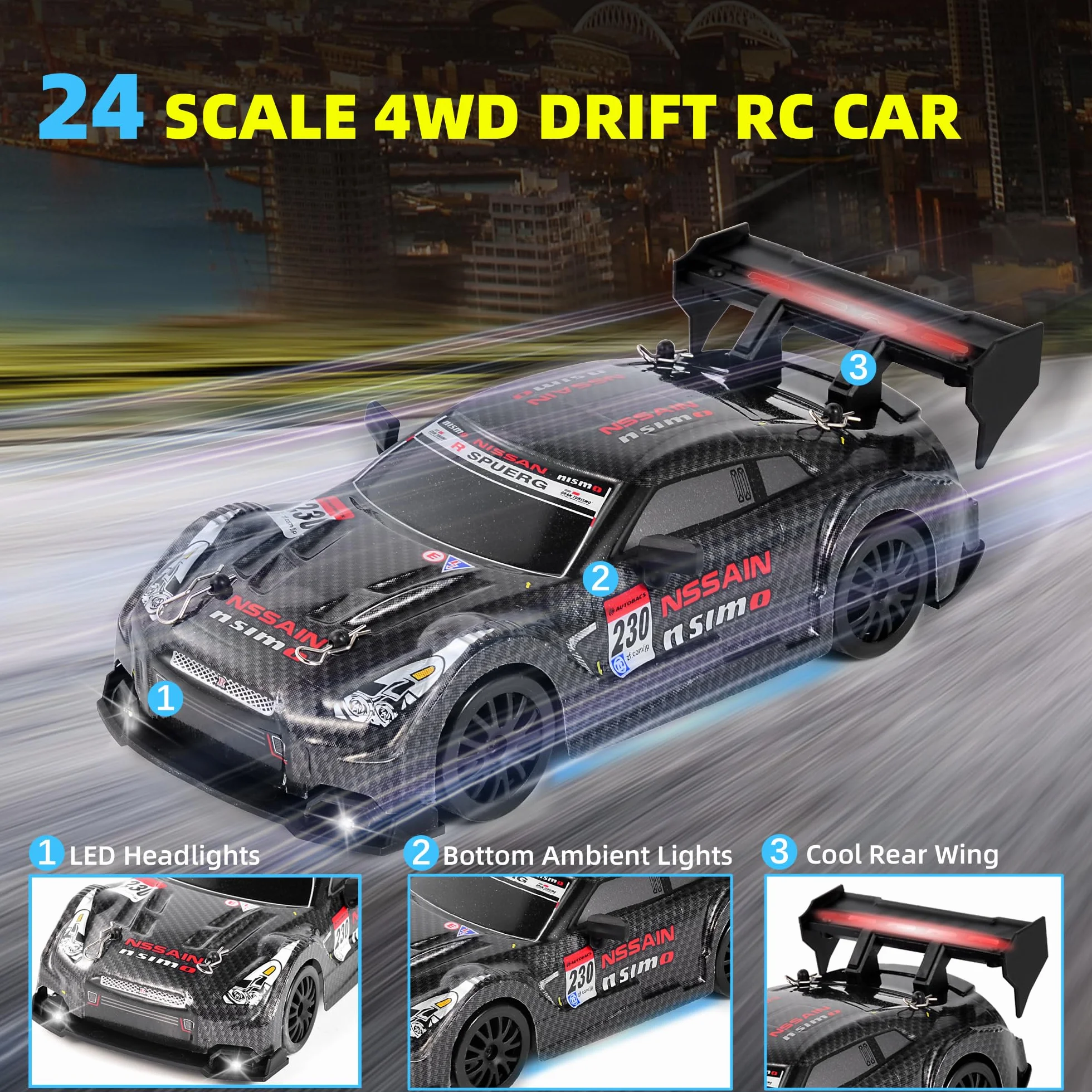 Drift Car 1:24 Coche de carreras teledirigido 20 km/h 4WD 2,4 GHz Control remoto Mini RC Car con luces LED para niños