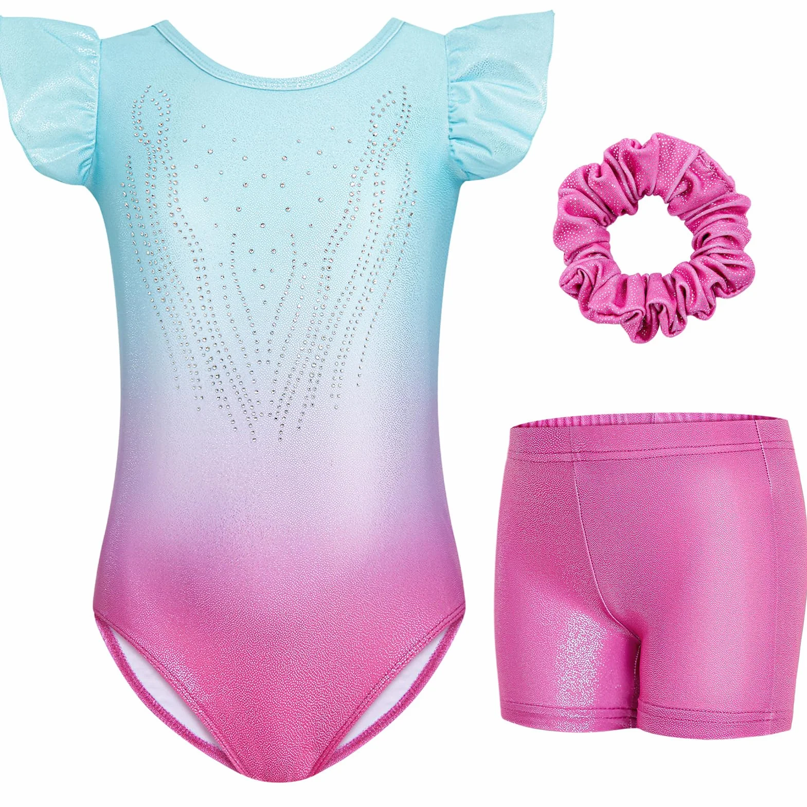 Gogokids Conjunto de gimnasia de 3 piezas para niñas, leotardos con lentejuelas degradadas y purpurina
