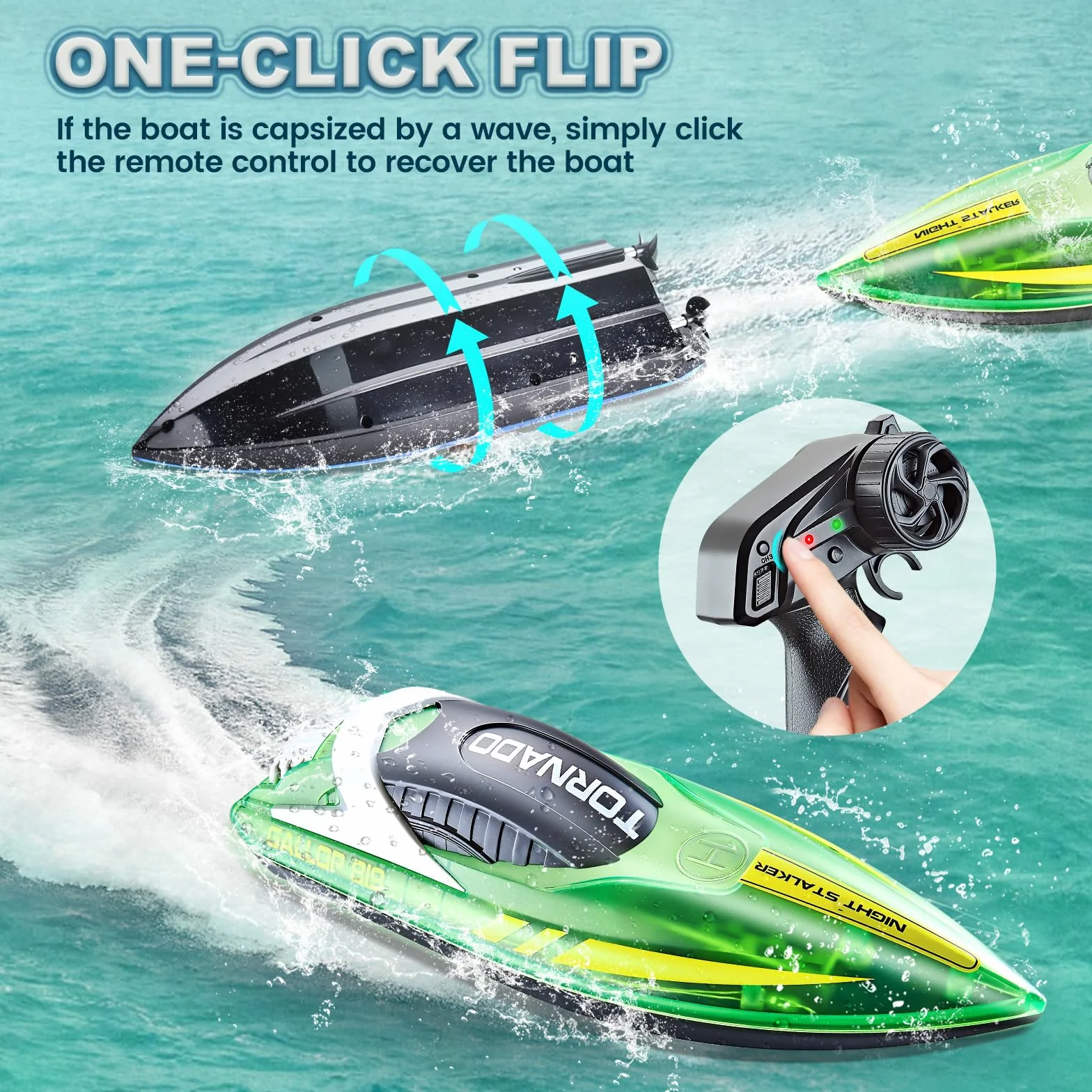 JONRRYIN Barco Teledirigido, 2.4GHz Barcos Teledirigidos con Luces LED y Alarma de Batería Baja, Barcos RC Regalo para Niños y Adultos (Green)