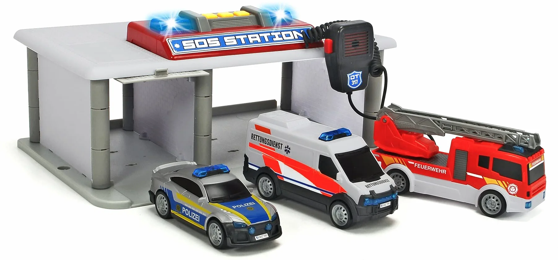 Dickie Toys – Estación de rescate - con coche de policía, camión de bomberos y ambulancia, guardia de rescate de juguete interactivo para niños a partir de 3 años