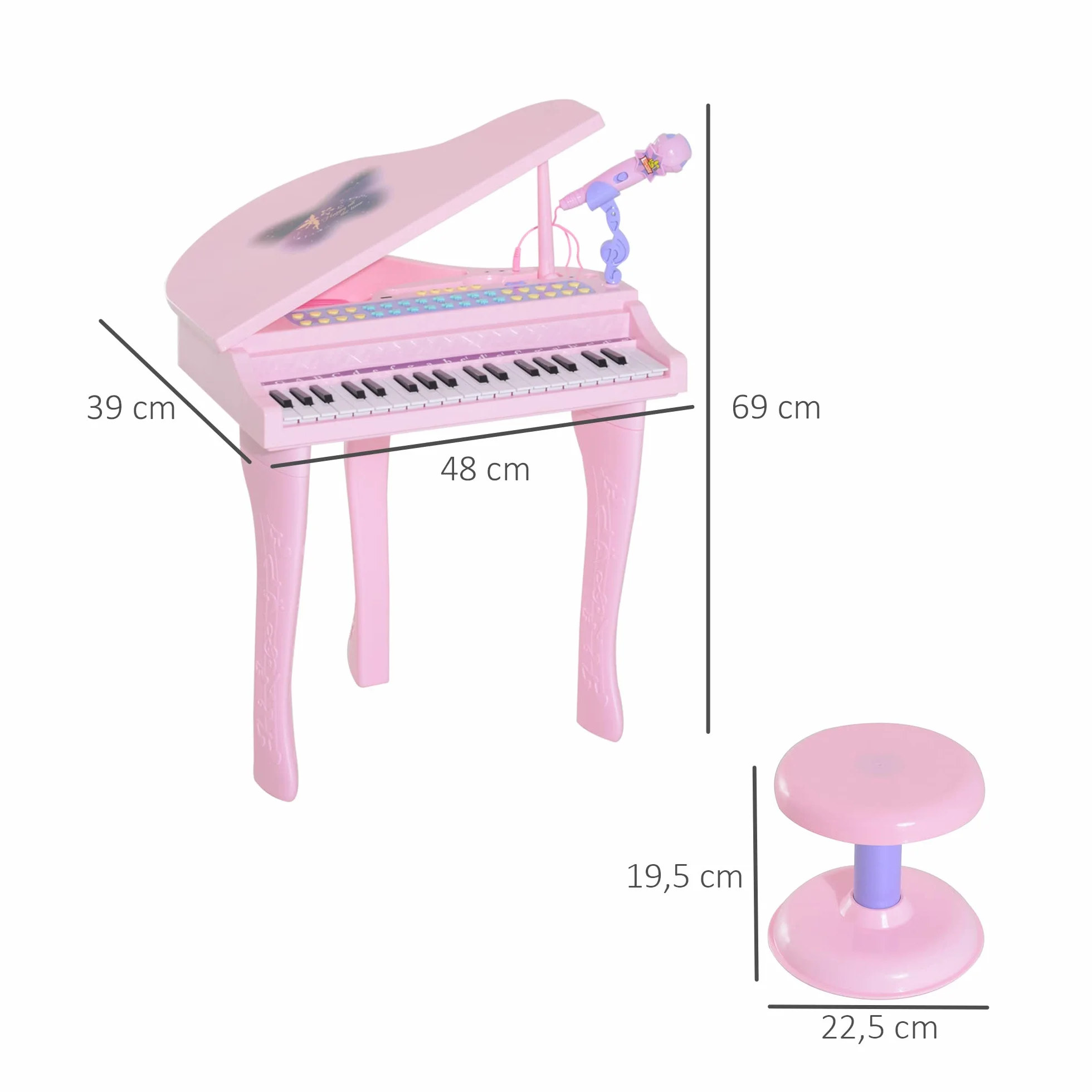 HOMCOM Piano Infantil 37 Teclas Teclado Electrónico Piano para Niños con Micrófono Taburete Luces y 22 Canciones USB/MP3 Karaoke Modo de Enseñanza Rosa