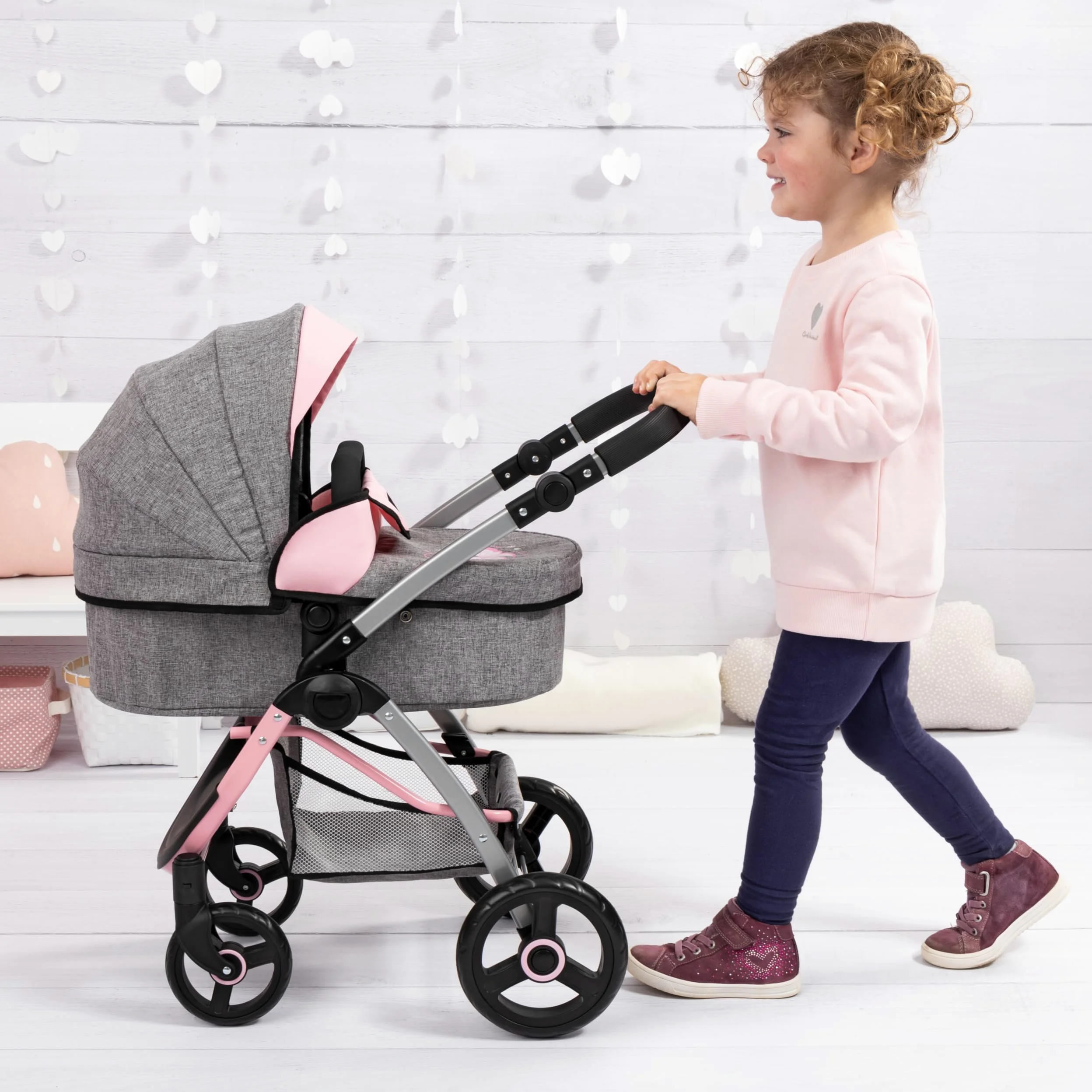 Bayer Design 17533AA Cochecito de muñecas City MAX con Bolsa, Regulable en Altura, Ruedas Delanteras giratorias, Convertible en Silla Paseo, Cesta Integrado