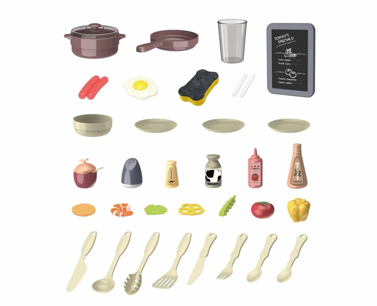 Cocina de Juguete niños Unisex, Incluye 36 Accesorios, fogones eléctricos con simulación de Fuego, Grifo con Bomba de Agua, Pizarra y Mucho más Juguetes + 3 años (Marrón)