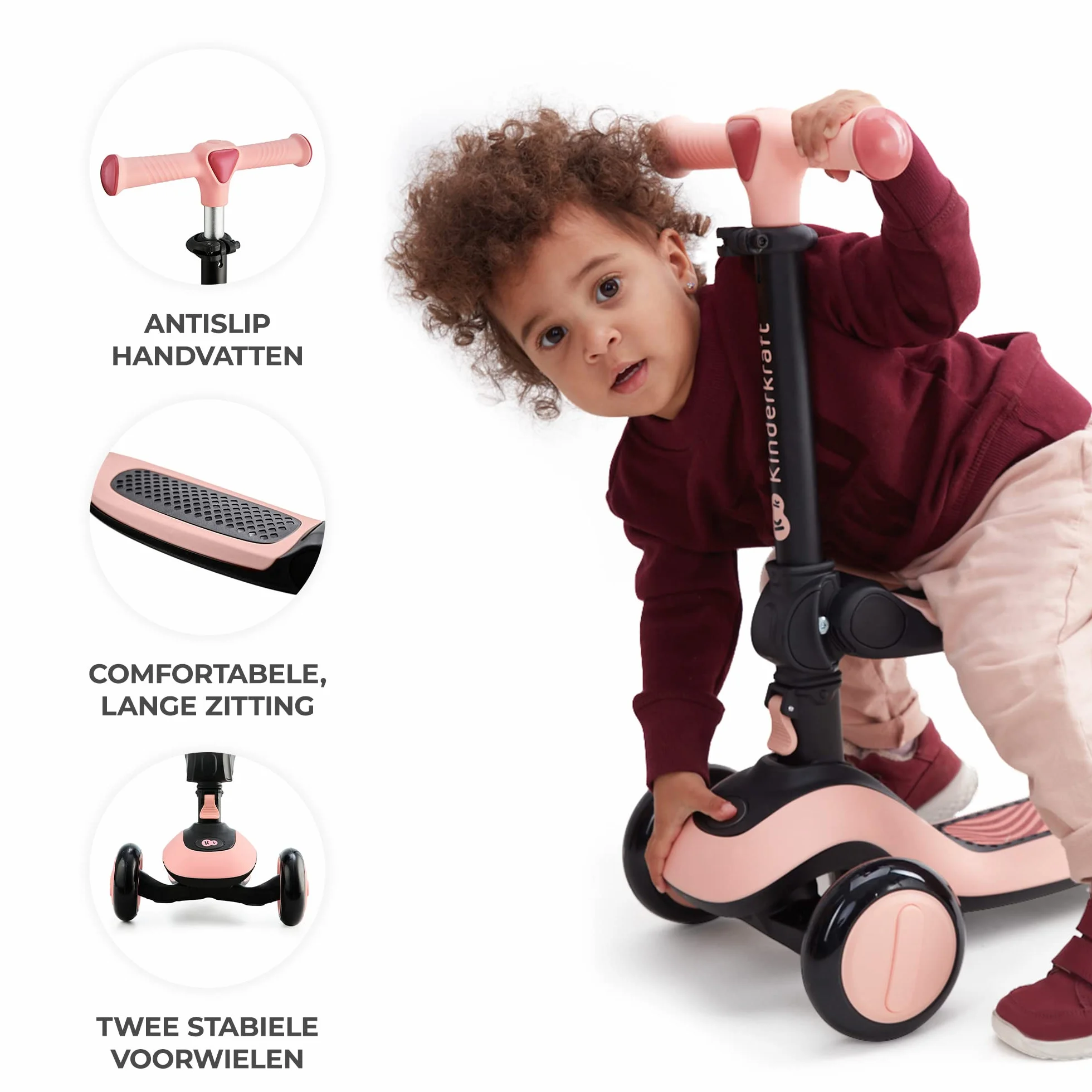 Kinderkraft Halley, Patinete 2 en 1, para Niños, Ajustable, Draisienne, Triciclo, Multifuncional, Bici, 3 Ruedas, LED, De 2 años hasta 50 Kilos, Blanco