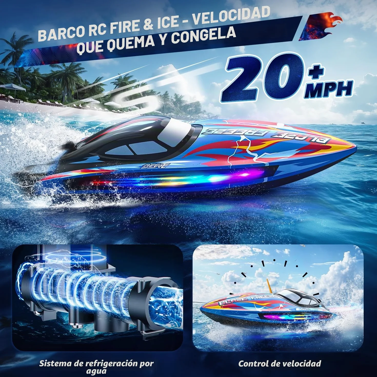 DEERC Barco Teledirigido Lancha rápida a Control Remoto para Piscina y Lago con luz LED, 20+mph, 40+ Mins, autoadrizable, para niños, Juguete acuático de Verano de 2,4 GHz