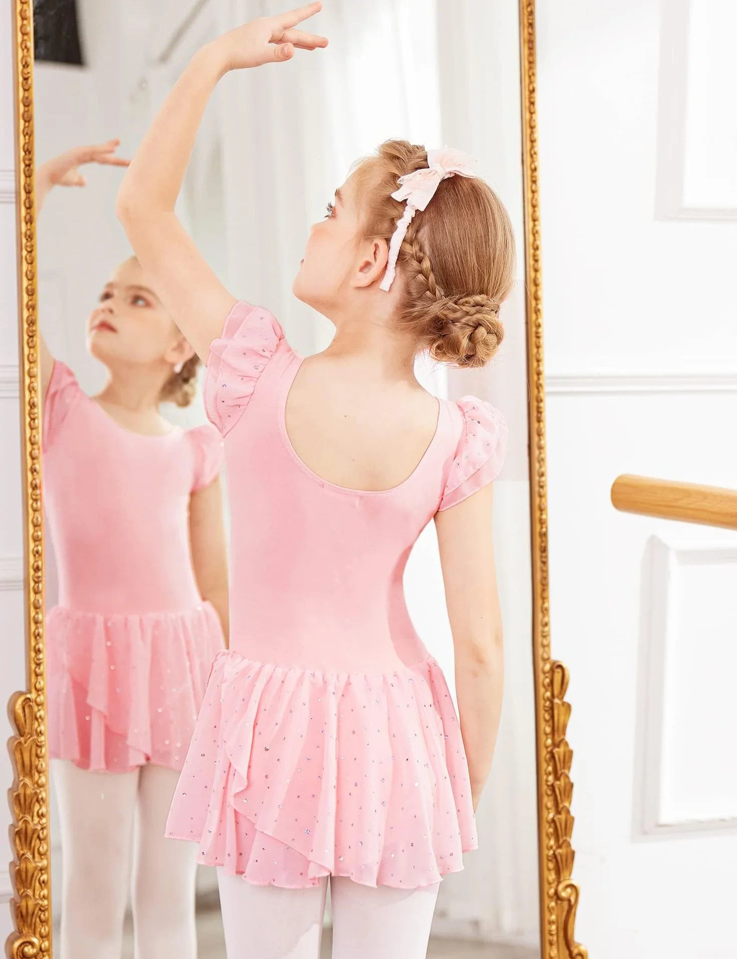 Trudge Ropa de Ballet para Niñas - Vestido Manga Corta de Algodón con Leotardo y Falda Tutú