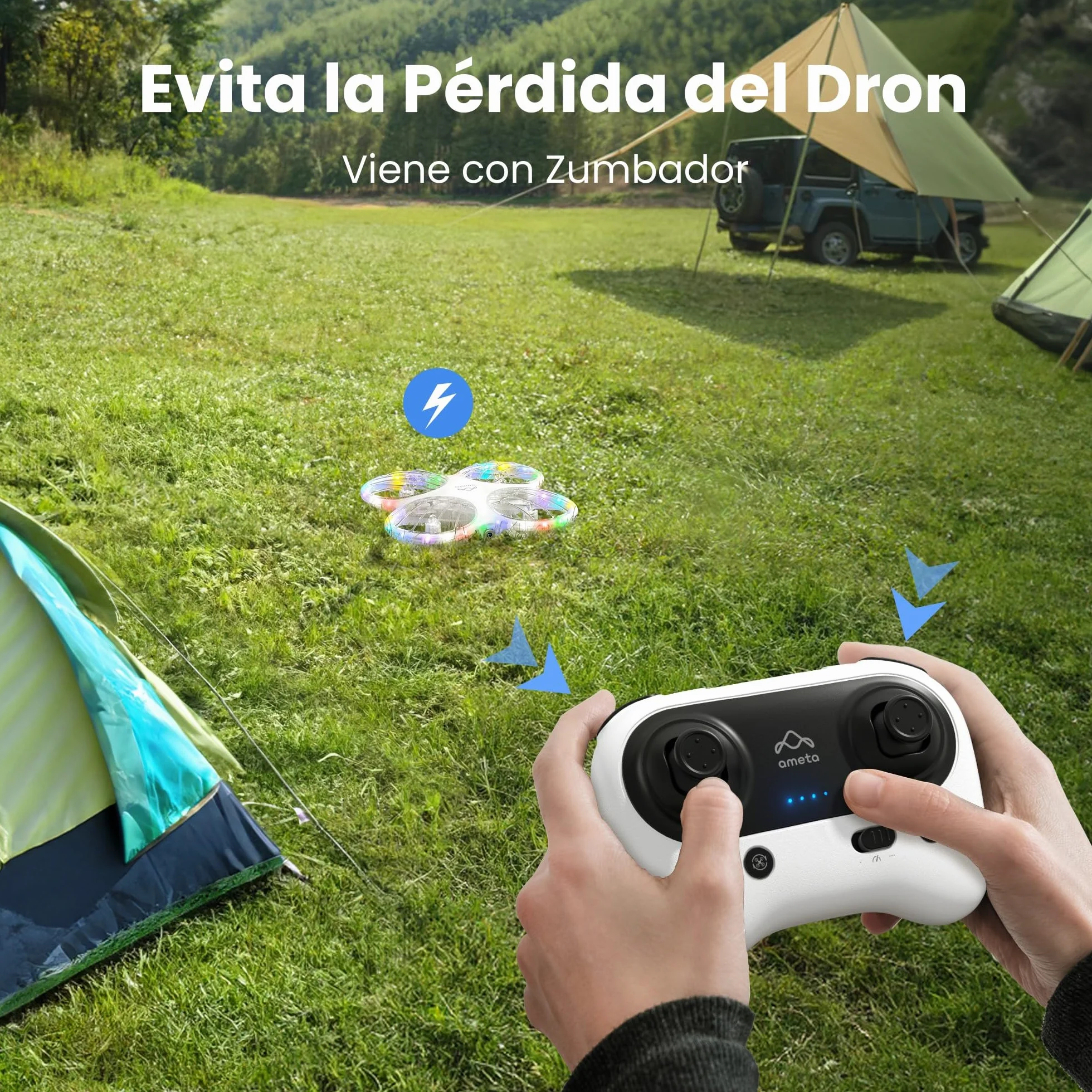 Ameta Morpho Dron para Niños con Camara 1080P, Mini Drone FPV con 32 Luces RGB/Vuelo en Círculo/ 3D Voltear/ 18min de Vuelo/Timbre Perdido, Juguetes Regalo para Niños Niñas, Menos de 250g