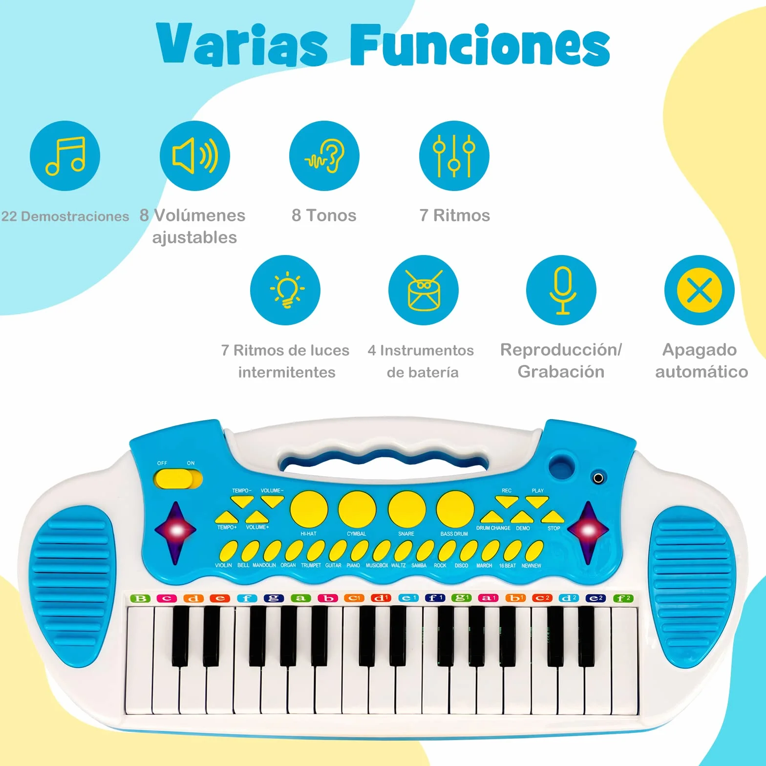 COSTWAY Teclado Piano Infantil de 31 Teclas, Juguete Musical Piano Infantil para Niños con Efectos de Luz, Múltiples Sonidos, Micrófono y Taburete, Órgano Electrónico Educativo para 3＋Niños (Azul)