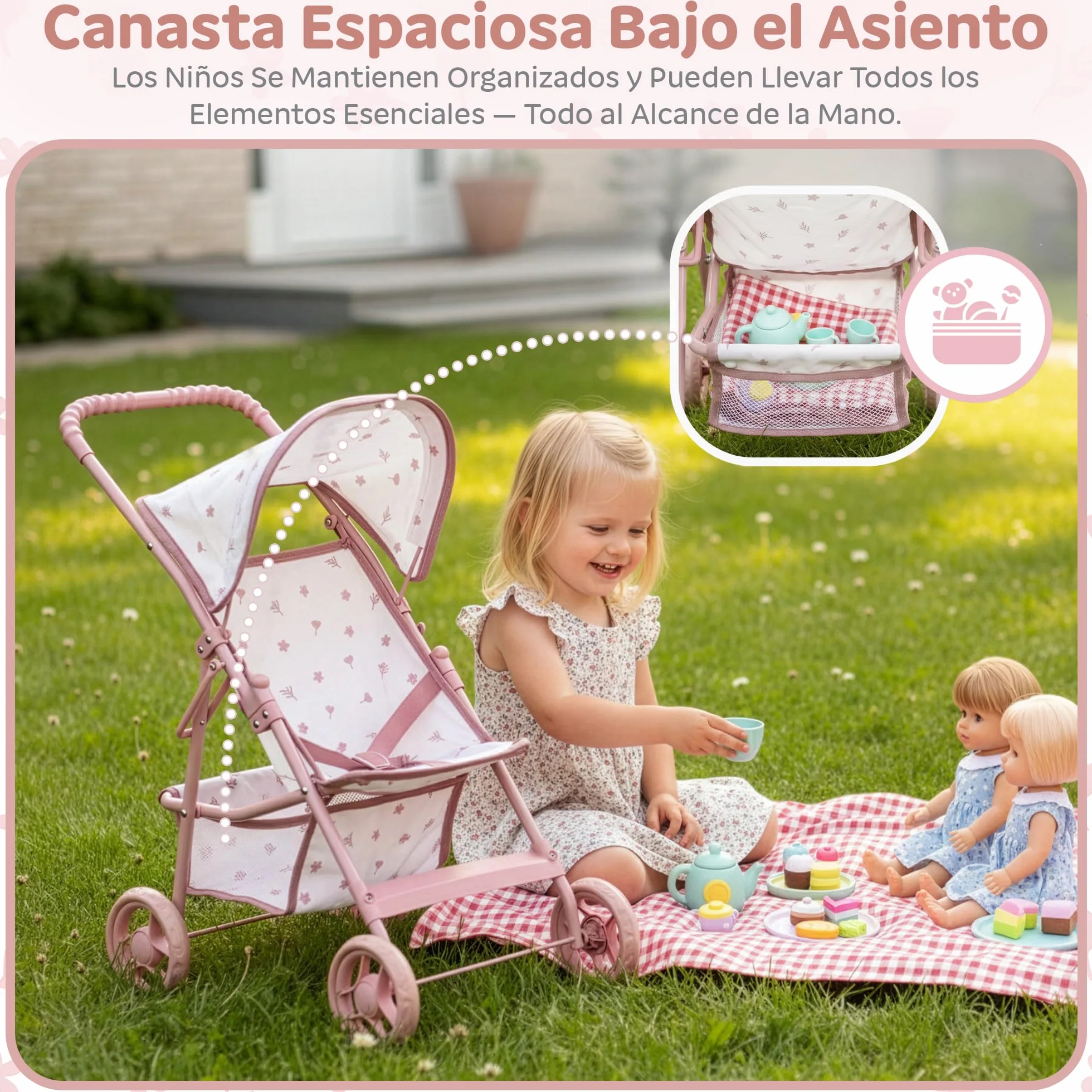 Kinderplay Cochecito de muñecas a Partir de 3 años: Cochecito Plegable Ligero para niñas con Ruedas EVA, cinturón y Visera – Cochecito de Juguete Rosa para muñecas