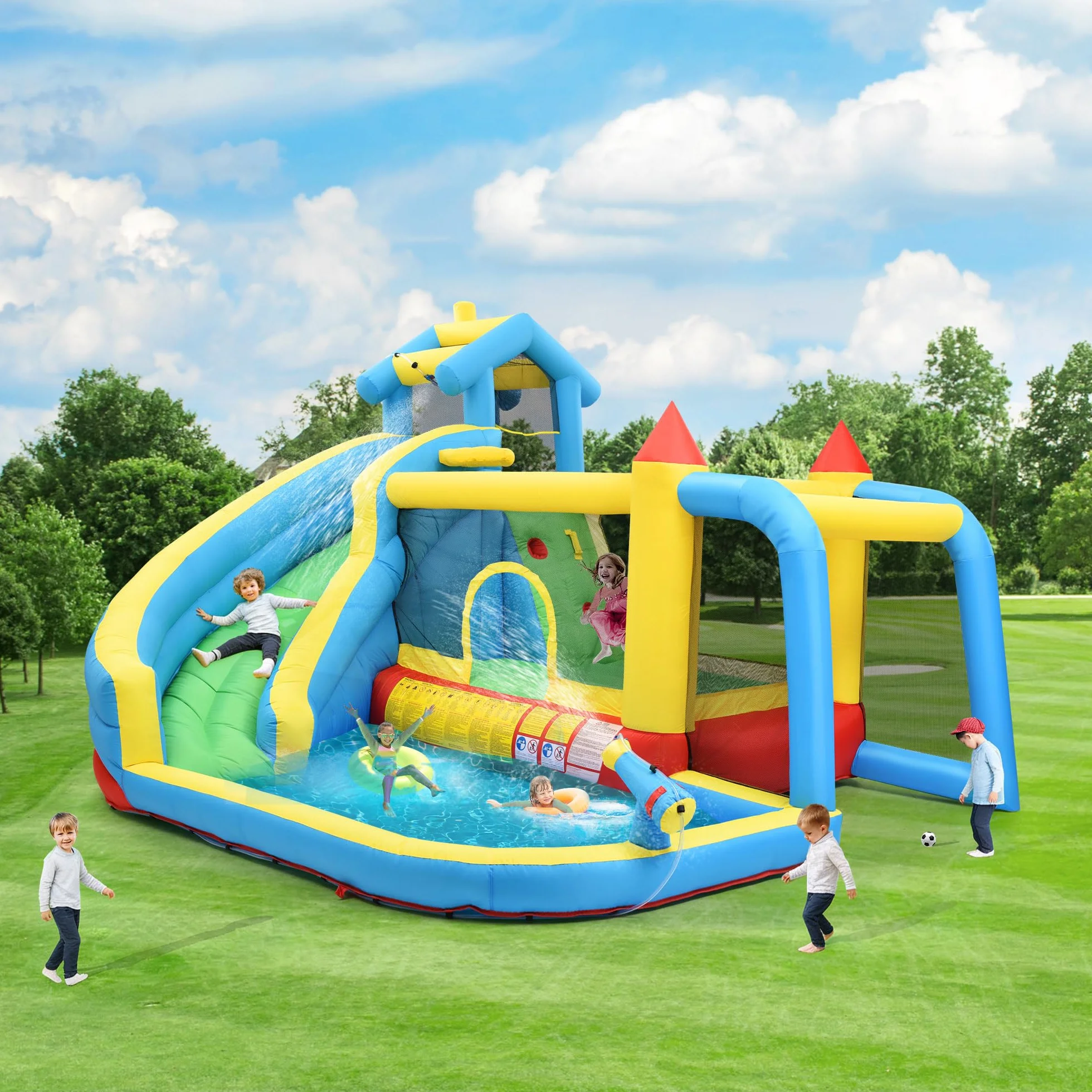 Bouncy Castle para niños 5 en 1 con ventilador, parque acuático inflable con tobogán, plataforma de salto, piscina y red de fútbol, castillo hinchable al aire libre para jardín, tela Oxford