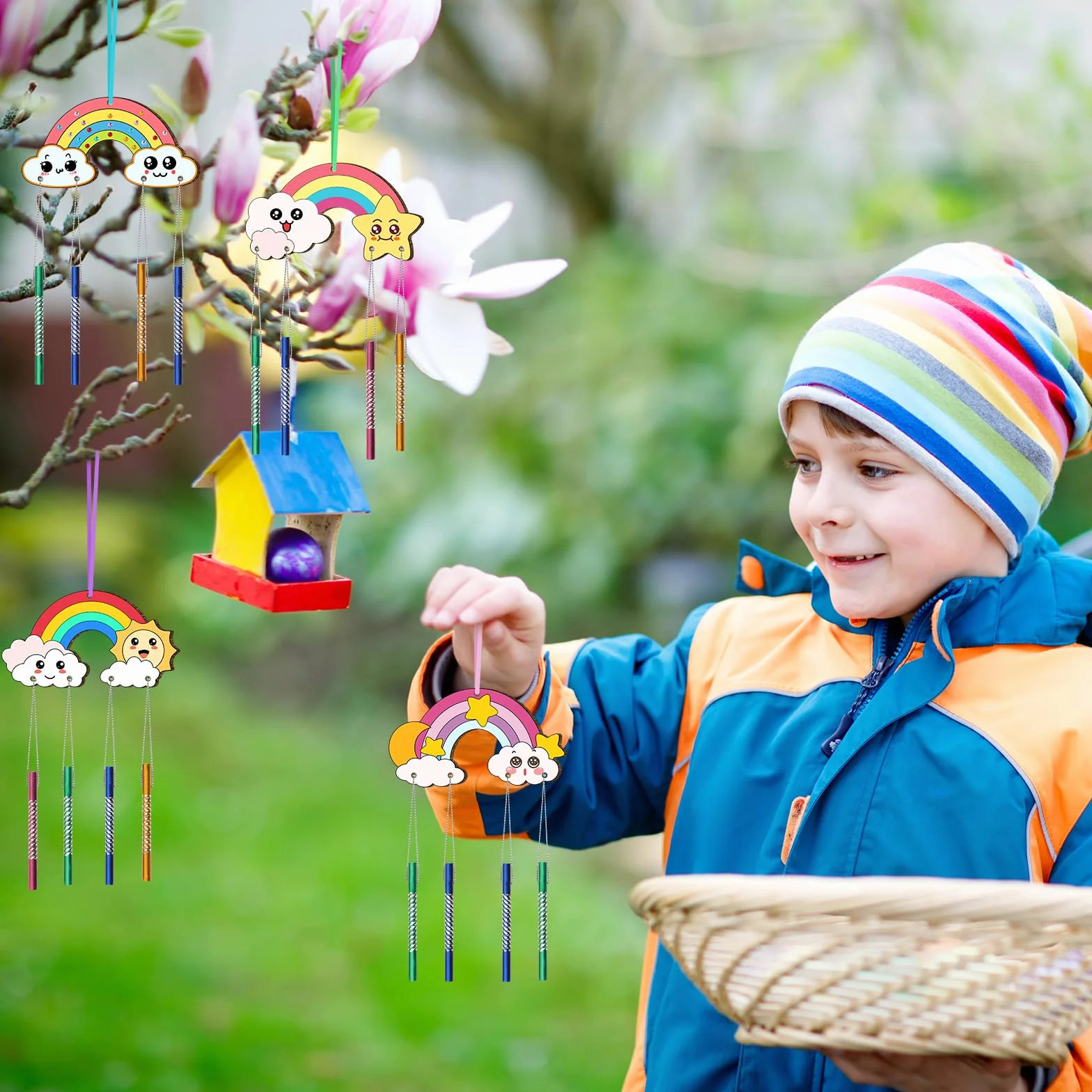 Nourdom Kit de 12 campanillas de viento para niños, haz tu propia campanilla de viento Rainow para colorear estrella, luna, sol, hacer un timbre de viento, kits de madera para artes y manualidades